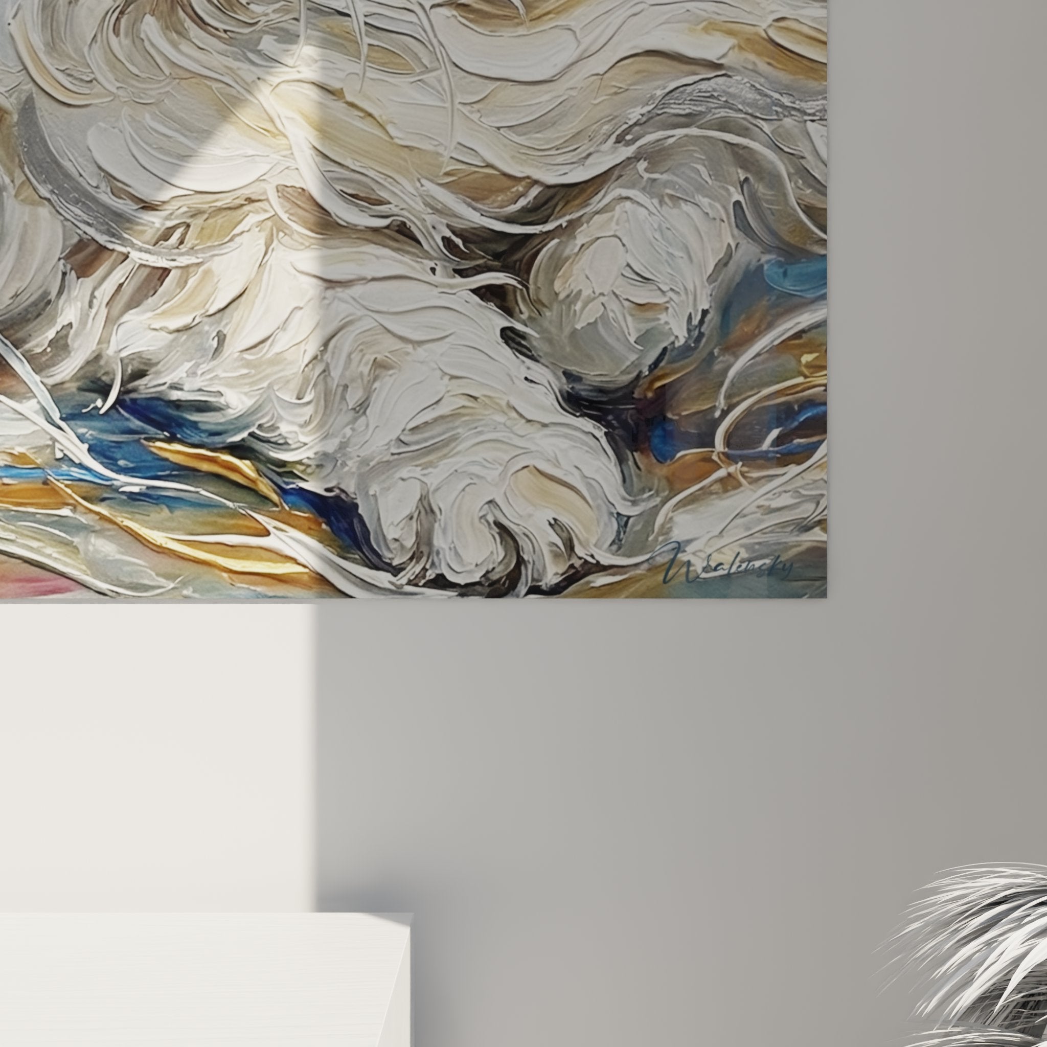Overview of Persian cat wall art in modern living room, premium feline artistic decoration