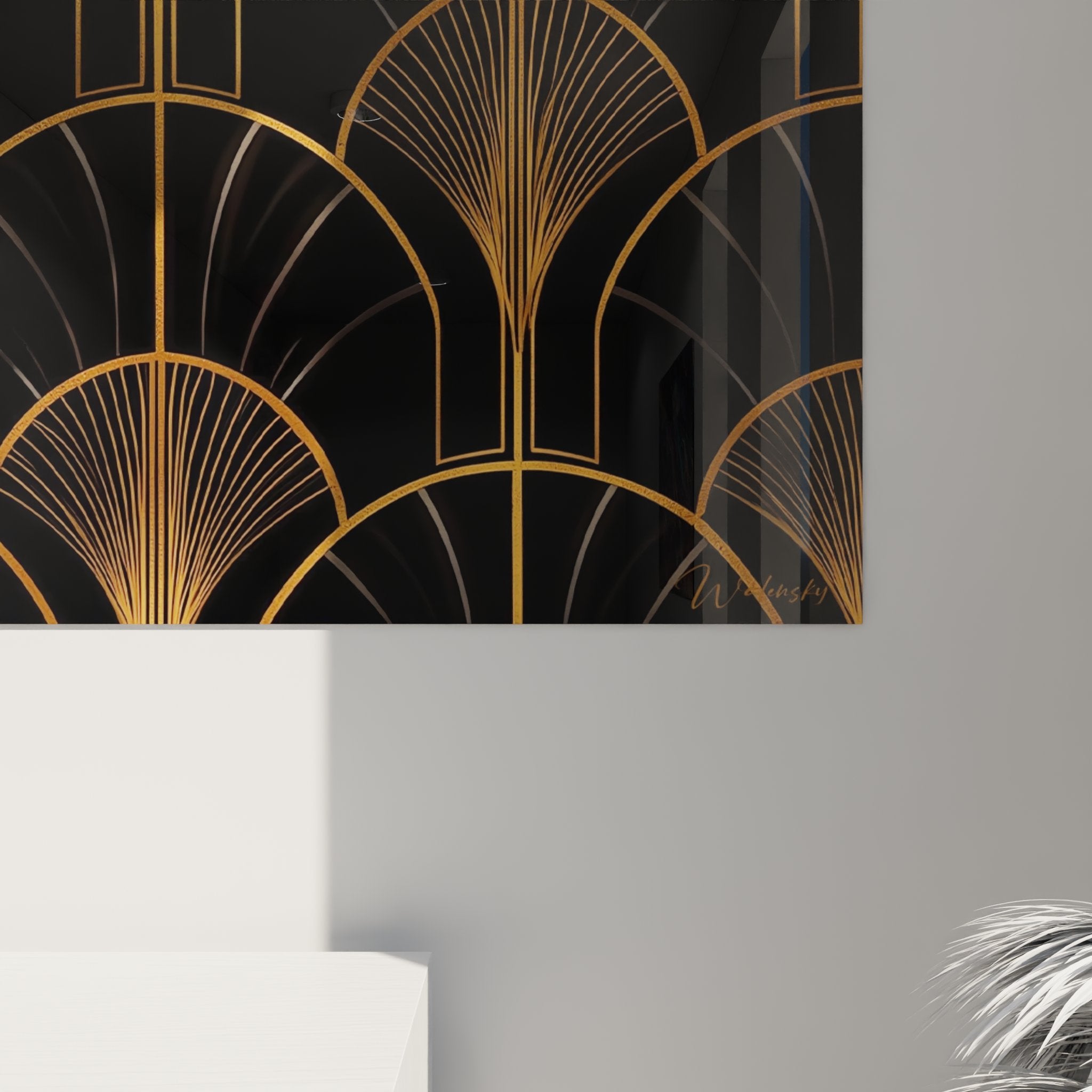 Vue d'ensemble tableau mural Art Déco éventails dorés, composition géométrique décorative moderne