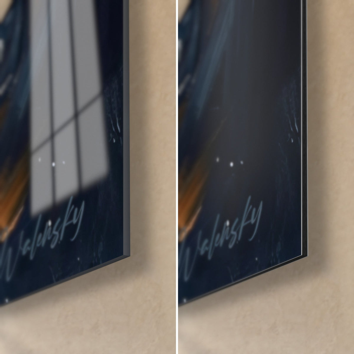 Schilderij van een rijder in donker pak, rechtsonder: glanzend acrylglas links, mat geborsteld Dibond aluminium rechts, rand van 3 mm