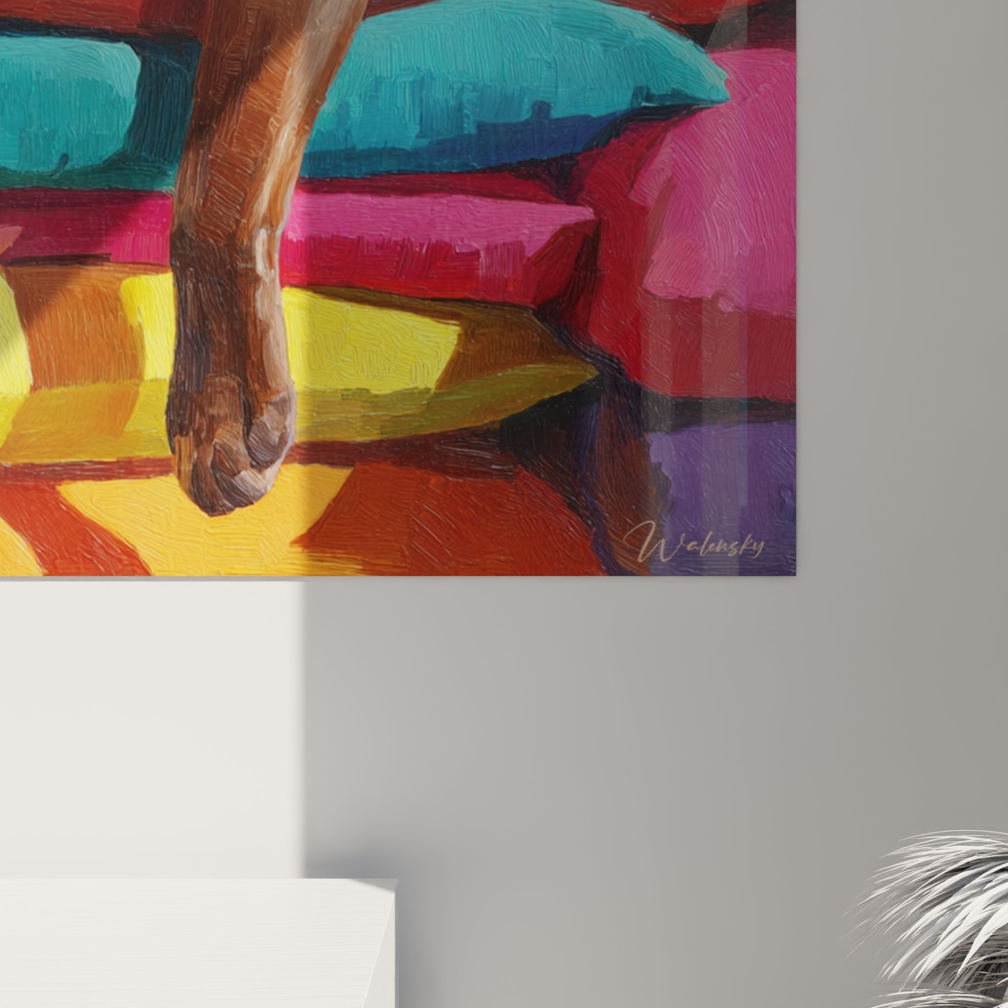 Vista completa quadro gatto Tonkinese su cuscini arcobaleno decorazione murale arte felina colorata casa