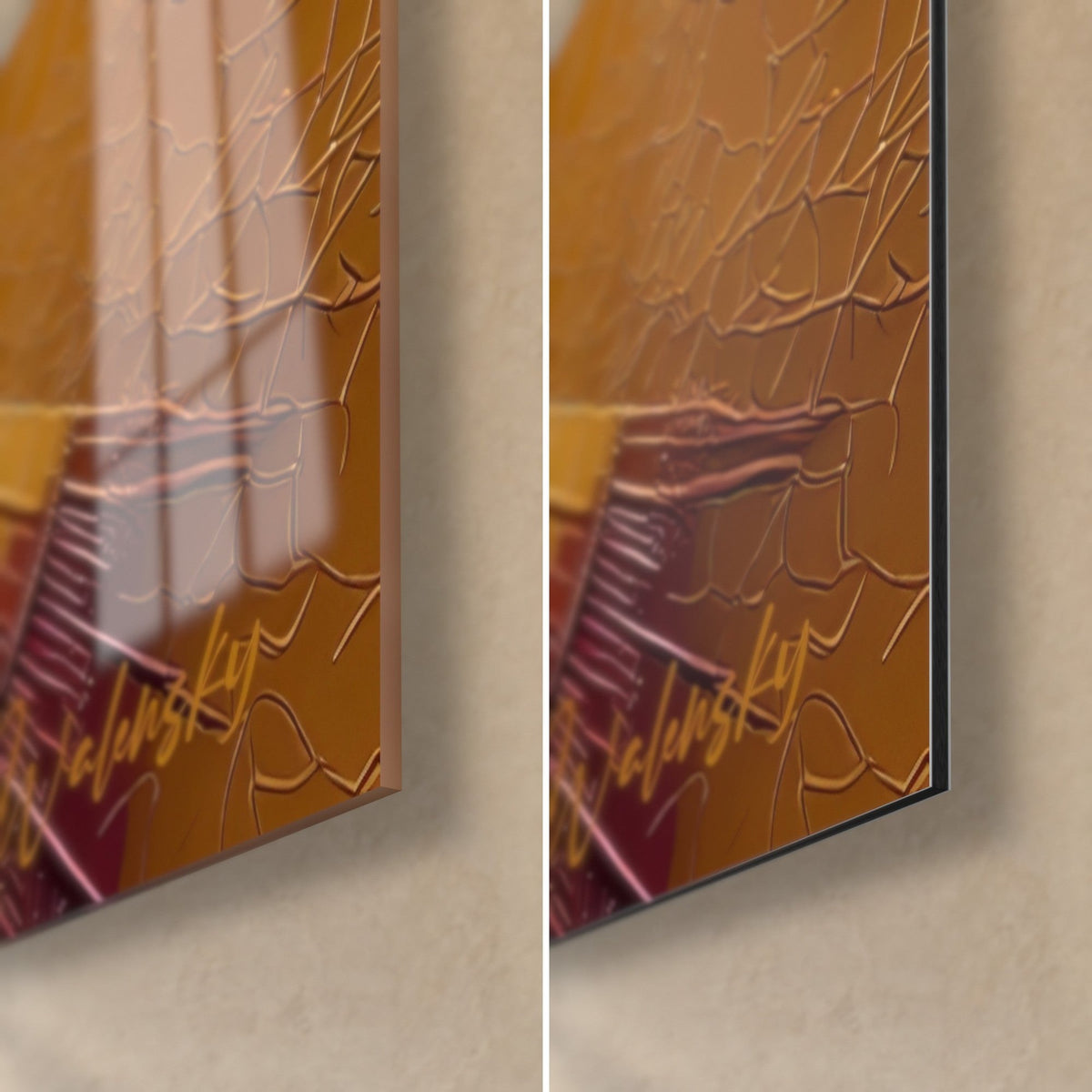 Gemälde goldenes afrikanisches Porträt, untere rechte Ecke: glänzendes Glas links, mattes Dibond-Aluminium rechts, 3 mm Kante und kupferfarbene Signatur