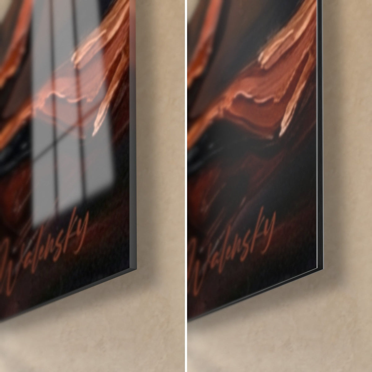 Schilderij van een ringmeester in een rode rok, rechtsonder: glanzend glas links, mat Dibond-aluminium rechts, 3 mm rand