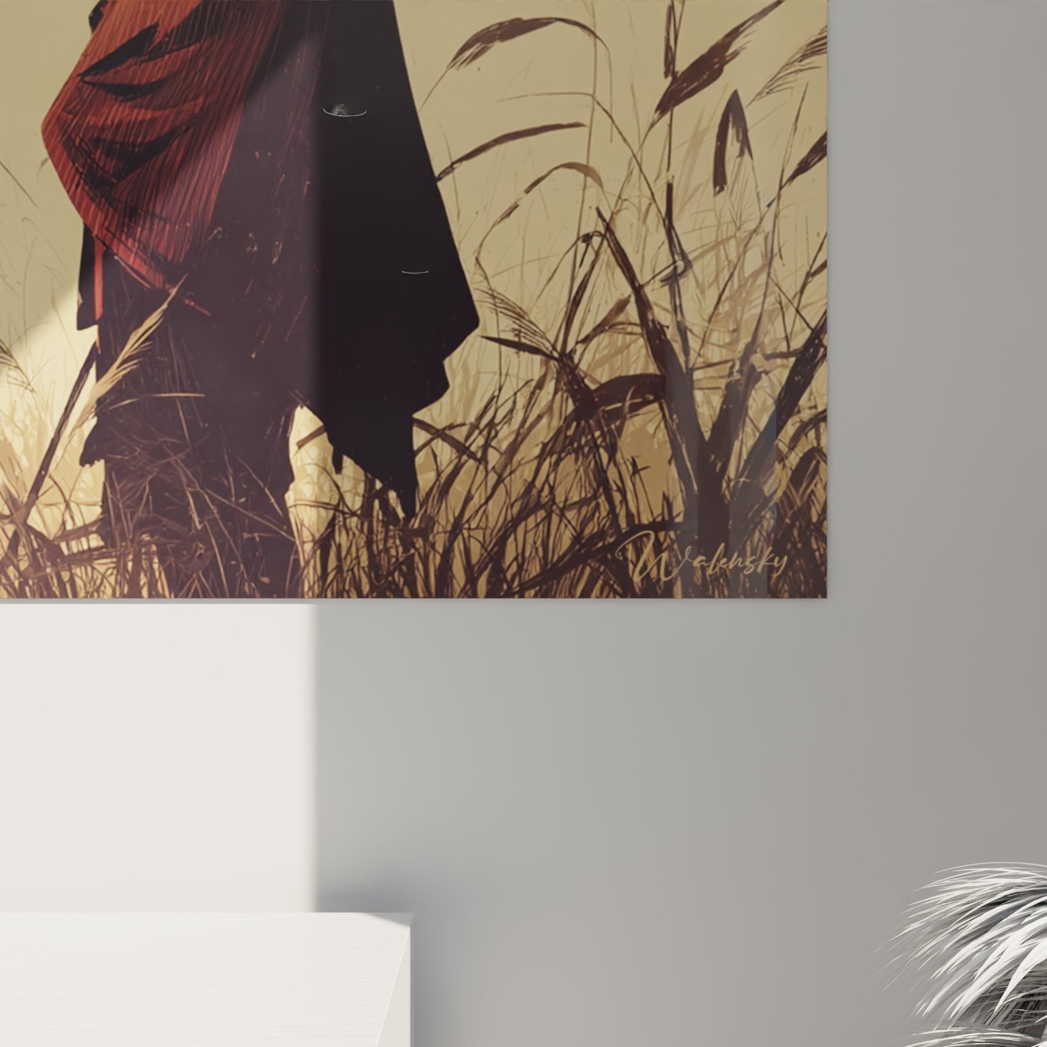 Overall view Masai warrior painting savanna tall grasses wall art African culture decoration