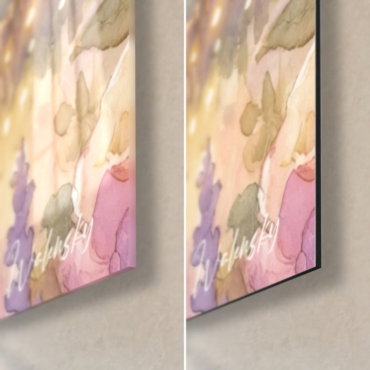 Wall art watercolor Manx cat, mauve lavender and powdery pink, bottom right corner, glossy glass on the left, matte Dibond on the right