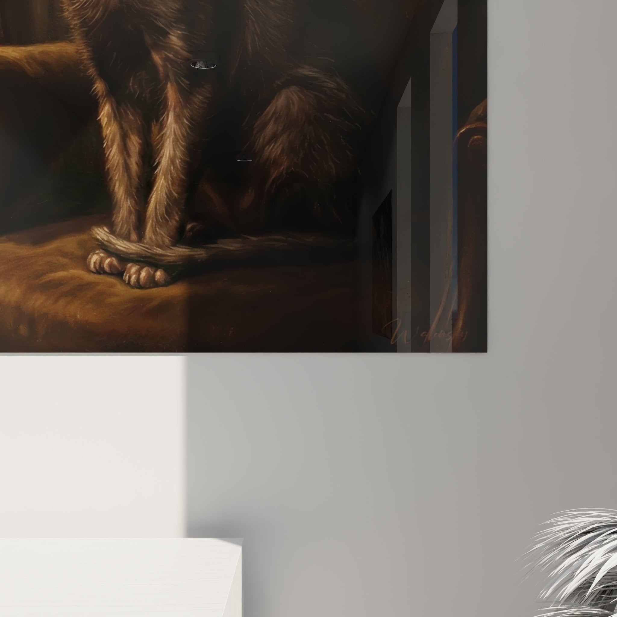 Panoramica del quadro gatto Lykoi in soggiorno vittoriano, atmosfera accogliente con candela accesa