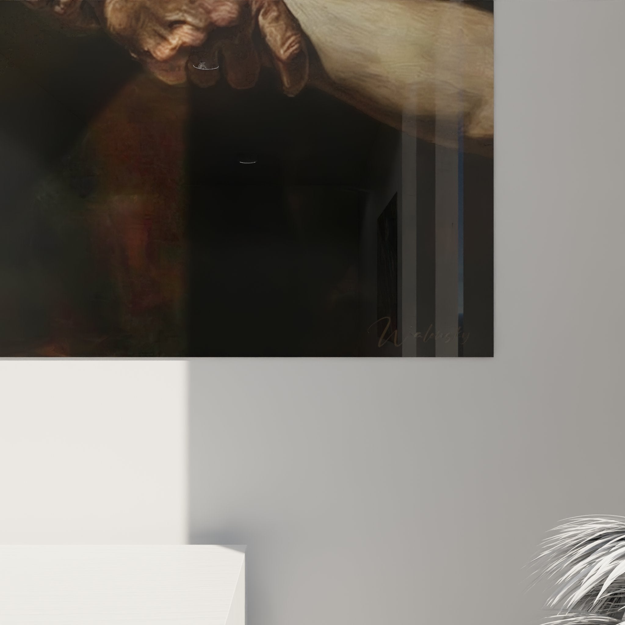 Overview of the interlaced hands artwork in an elegant contemporary interior