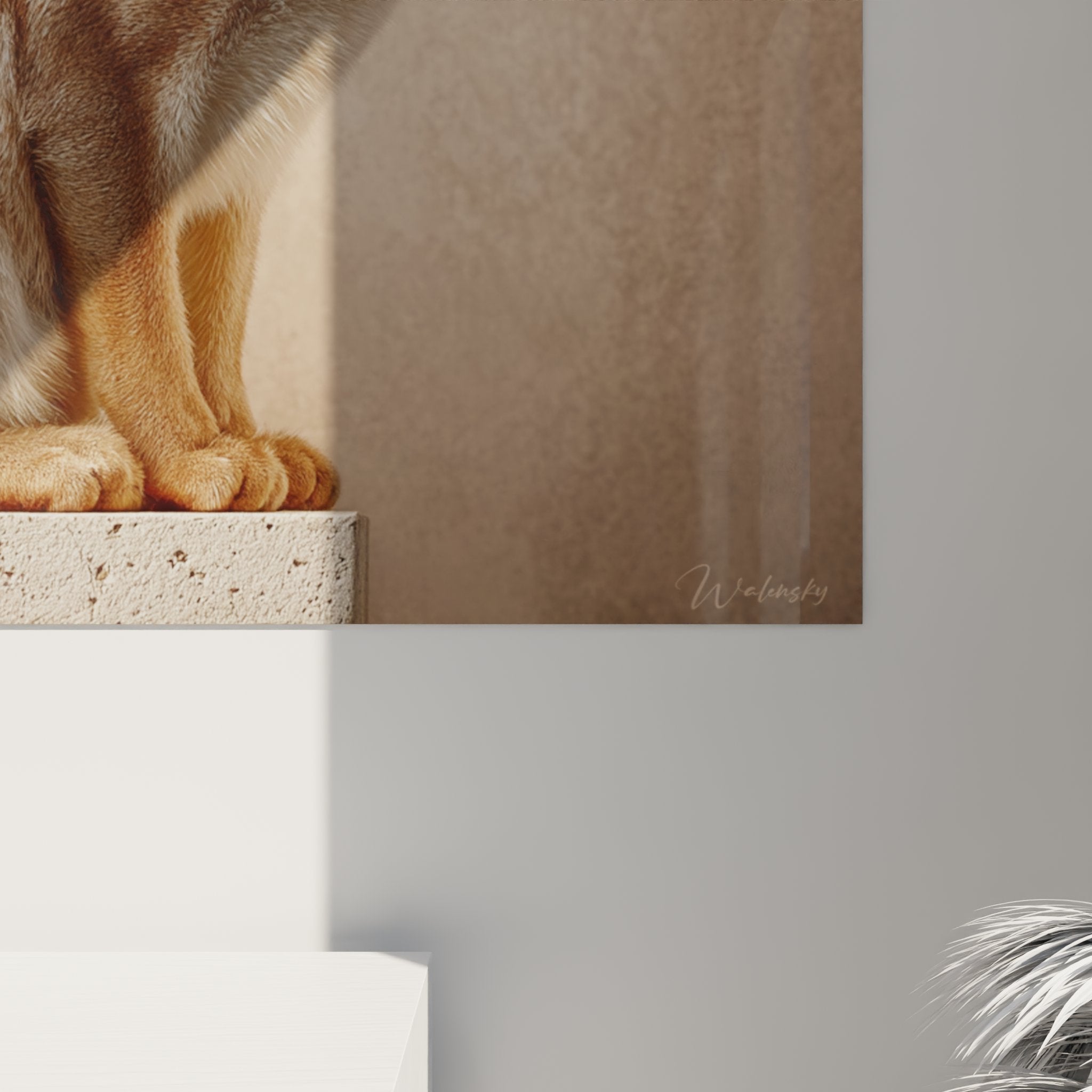 Full view of Singapura cat wall art in contemporary living room feline wall decoration