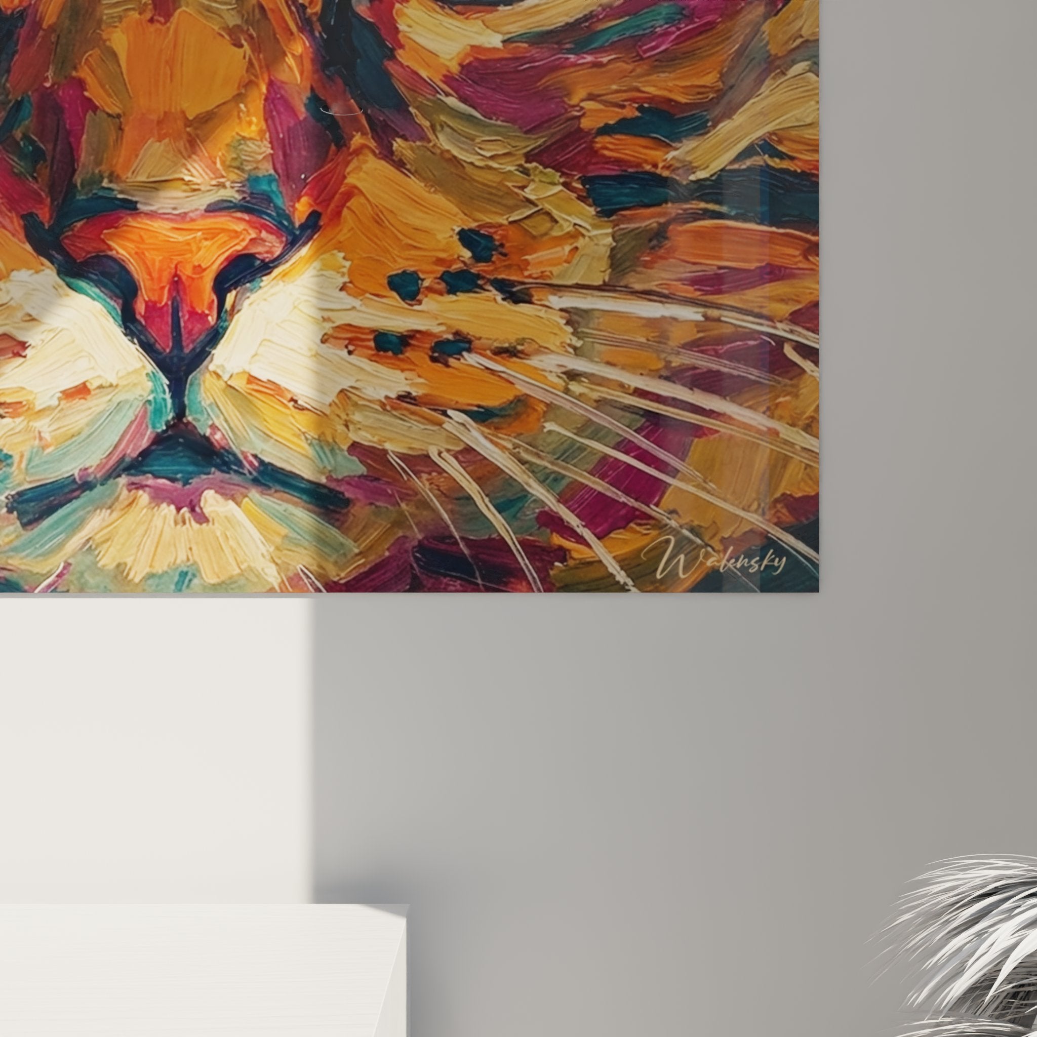 Modern cat painting overview, colorful expressionist artwork for interior decoration