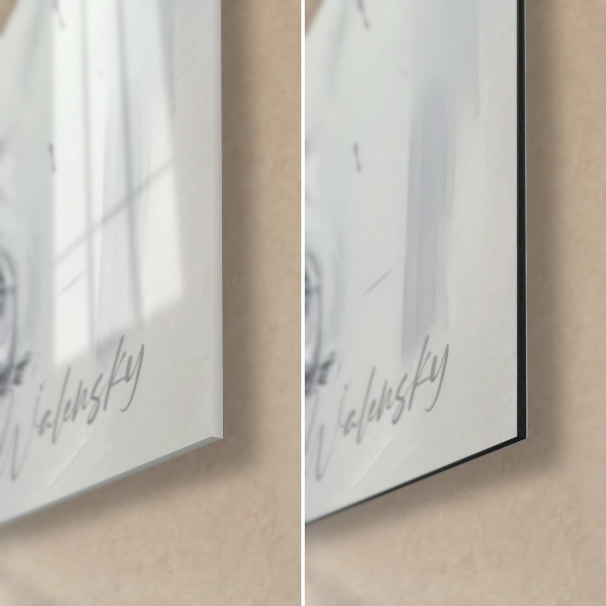 Abstraktes Fechter-Gemälde, untere rechte Ecke: glänzendes Acrylglas links, mattschwarzes Dibond-Aluminium rechts, graue Walensky-Signatur