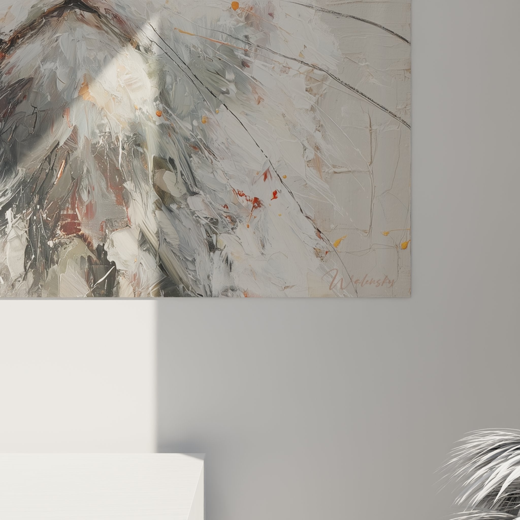Full view white American Bobtail cat painting with golden eyes warm color palette modern wall art