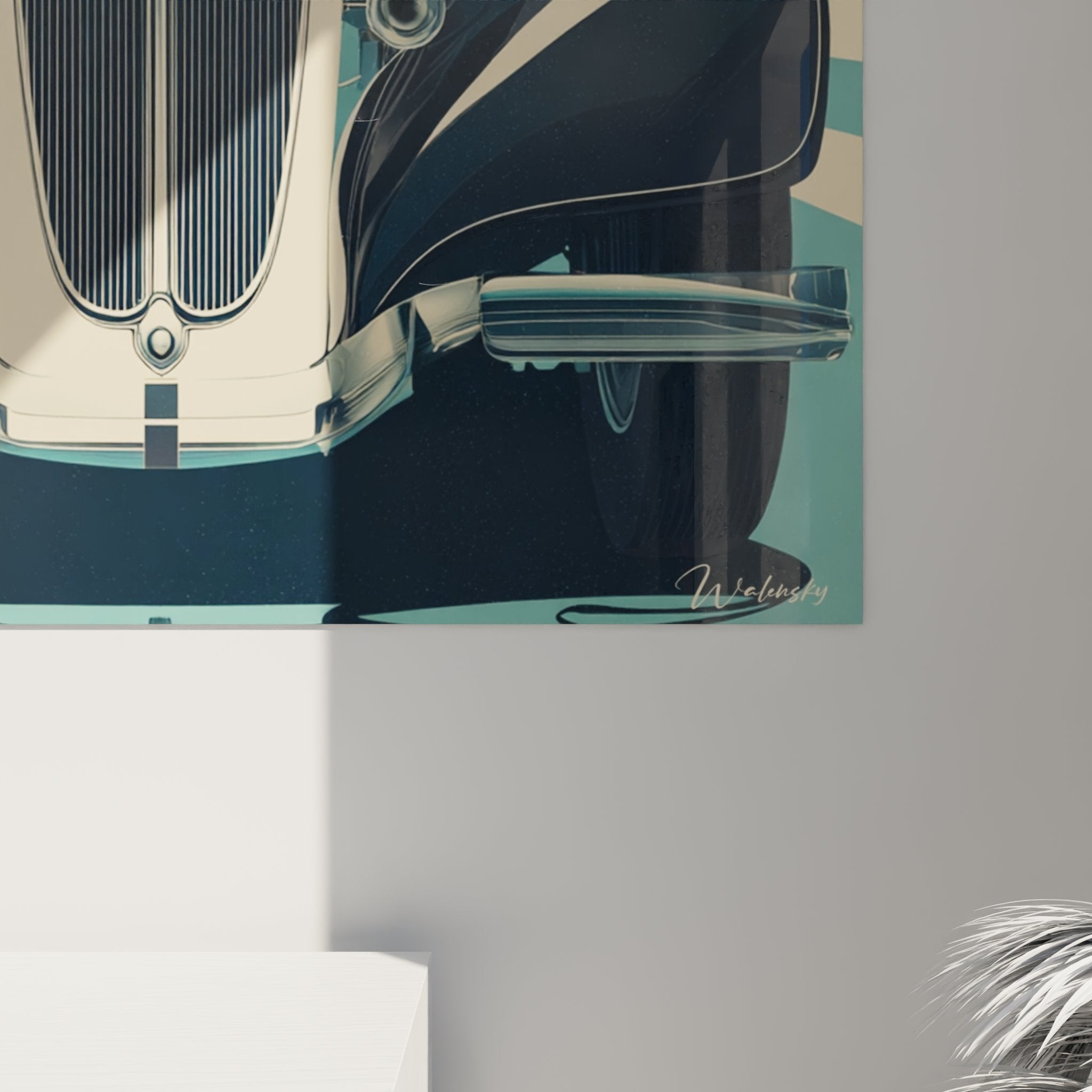 Overview of vintage automotive art deco wall art, stylized rays and elegant sage green palette
