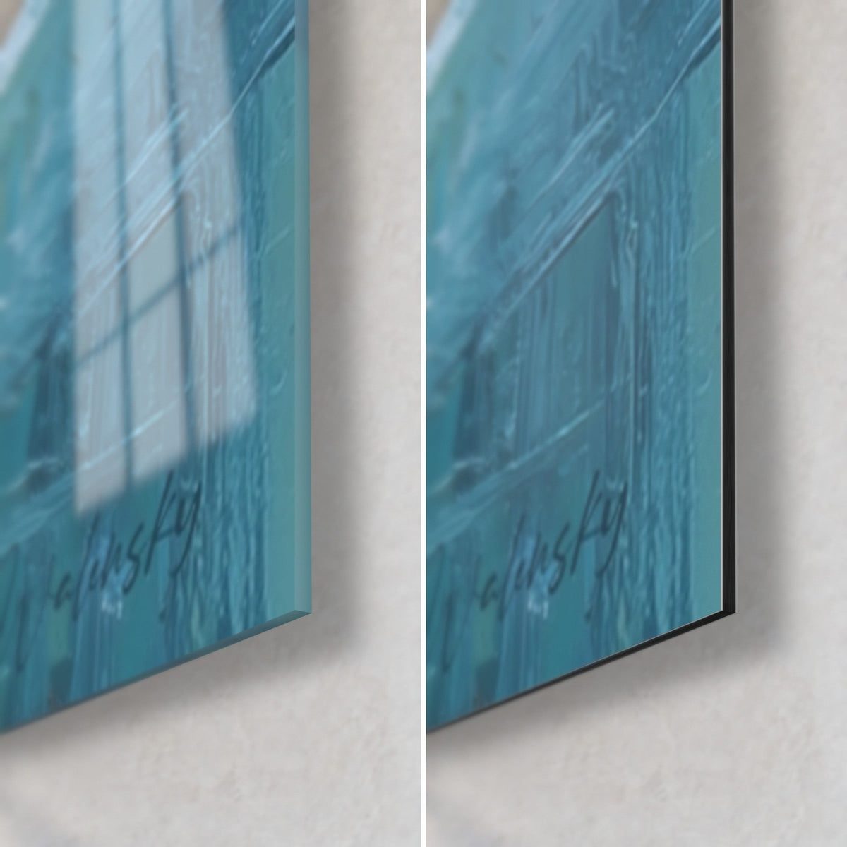 Tableau canyon glaciaire bleu profond et turquoise, coin bas droit en verre brillant à gauche, alu Dibond mat à droite, tranche 3 mm