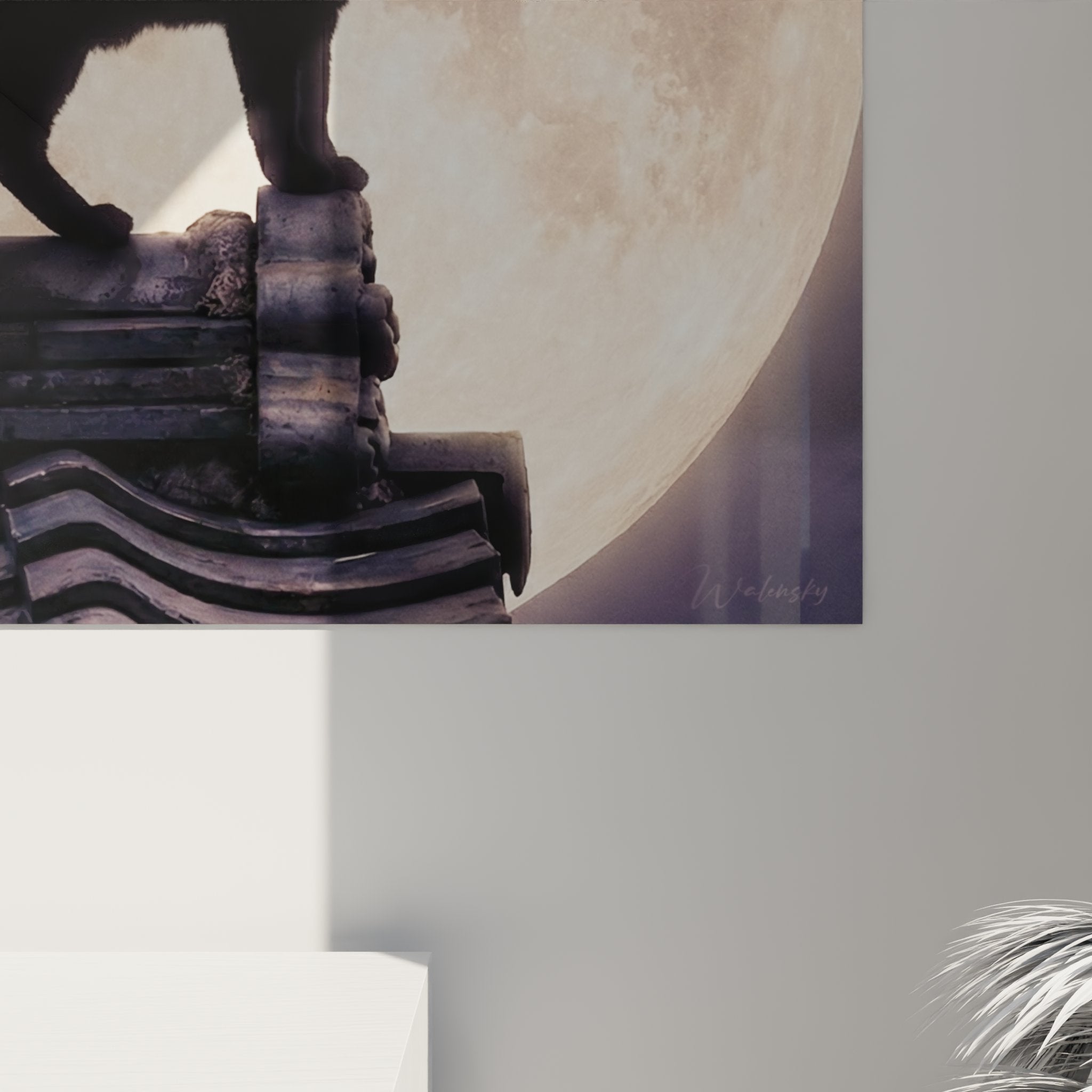 Japanese Bobtail cat wall art moon painting modern Japanese interior decoration