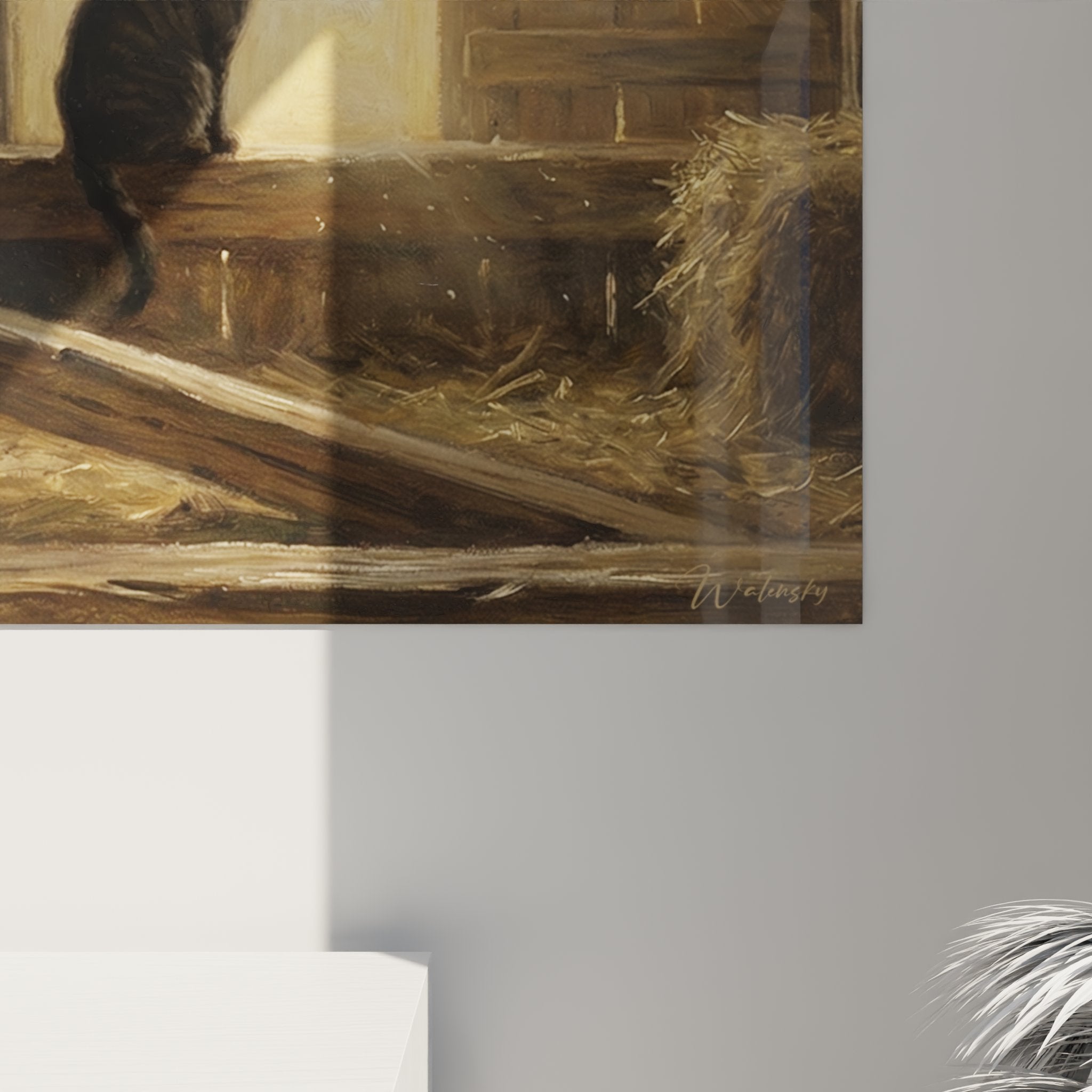 Vue ensemble tableau mural chat grange rustique decoration interieure style campagne European Shorthair art