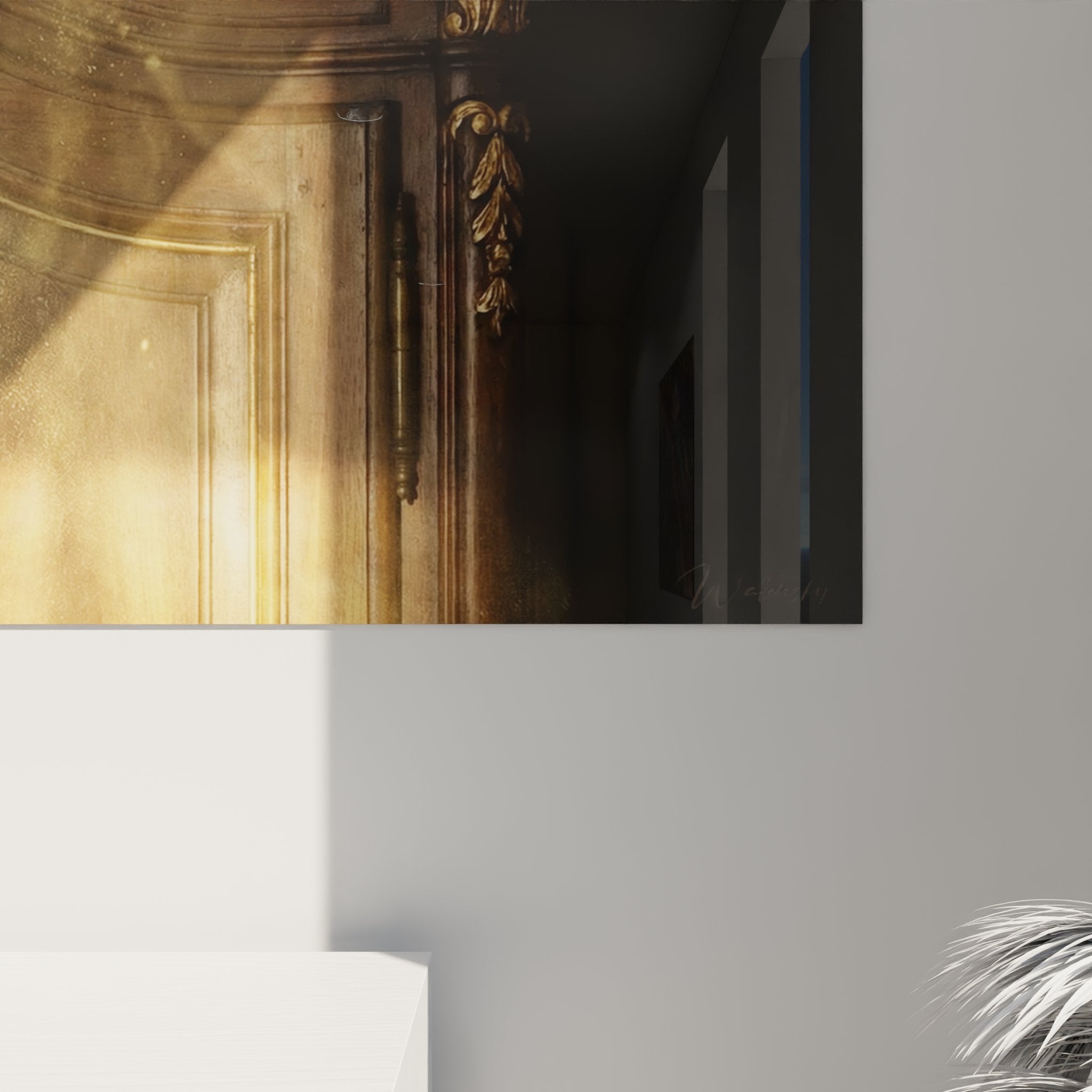 Overview of Chartreux cat wall art on antique furniture in refined interior with golden light play