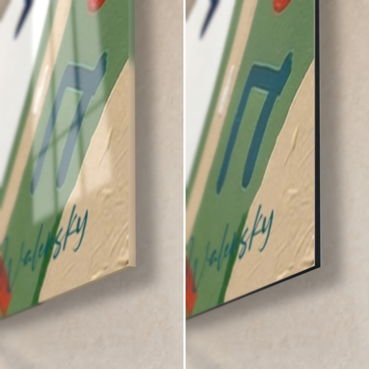Wall art children and skipping rope, bottom right corner: glossy acrylic glass and matte Dibond aluminium, green motif and Walensky signature