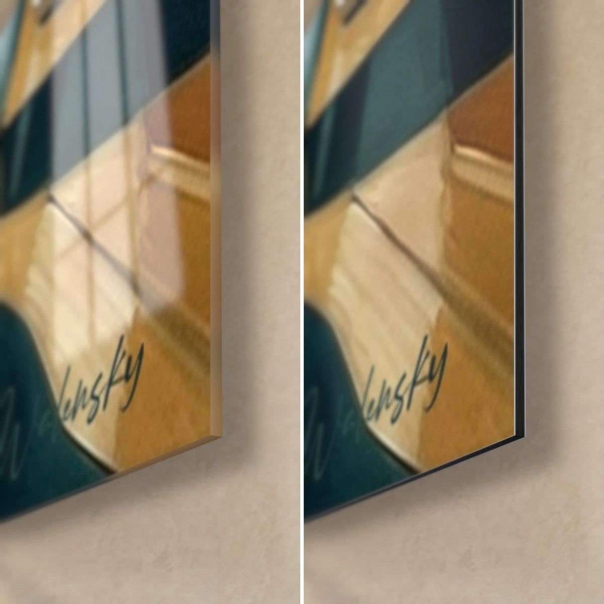 Wall art ivory and petrol blue bowling pins, lower right corner with Walensky signature, glossy glass and matte Dibond