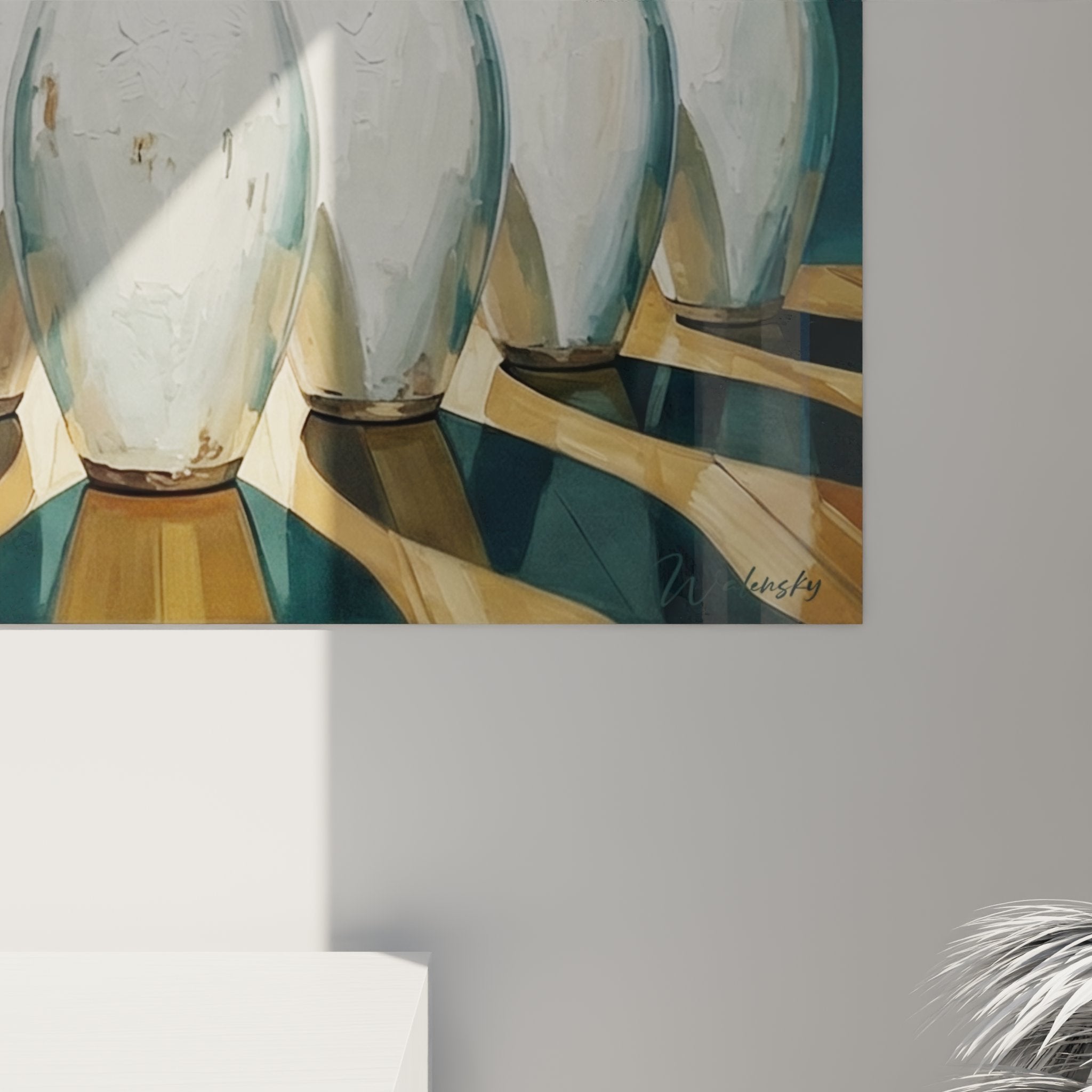 Overview of the bowling painting with white pins on geometric gold and green parquet floor