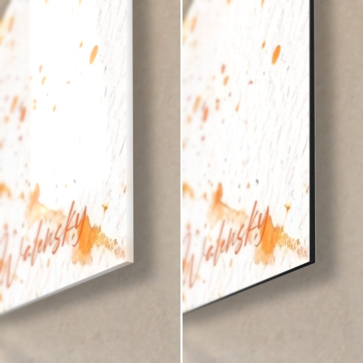 Tableau skateur en saut, tache orange et gouttes d'encre, coin bas droit en verre brillant à gauche, alu Dibond mat à droite
