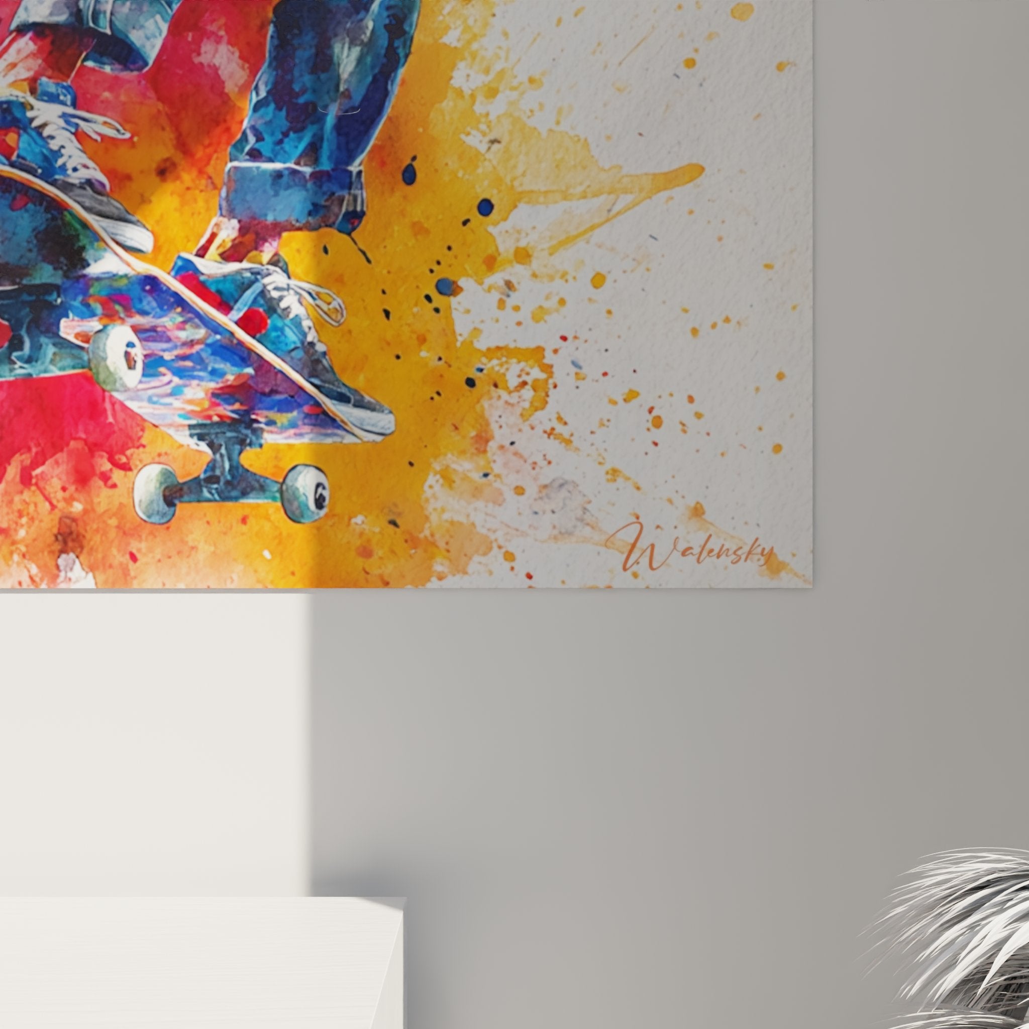 Vue ensemble tableau mural skateur artistique decoration interieure moderne art urbain skateboard couleurs