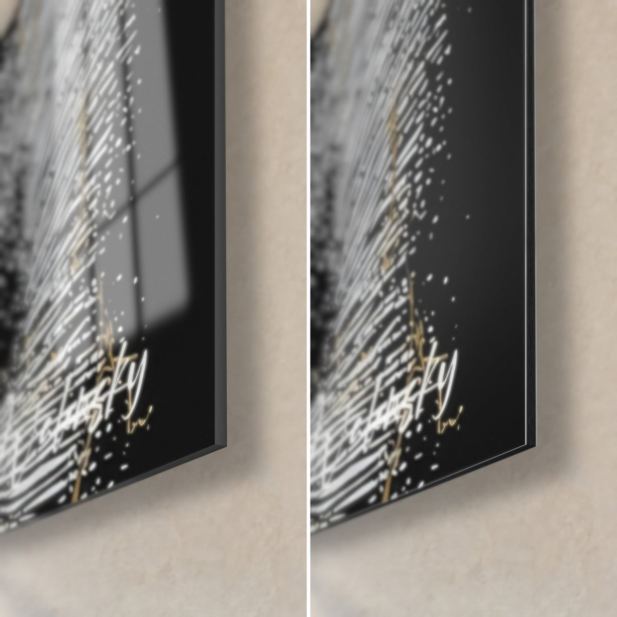 Quadro silhouette femminile in tratti bianchi su nero profondo, angolo in basso a destra in vetro lucido e Dibond opaco, spessore 3 mm