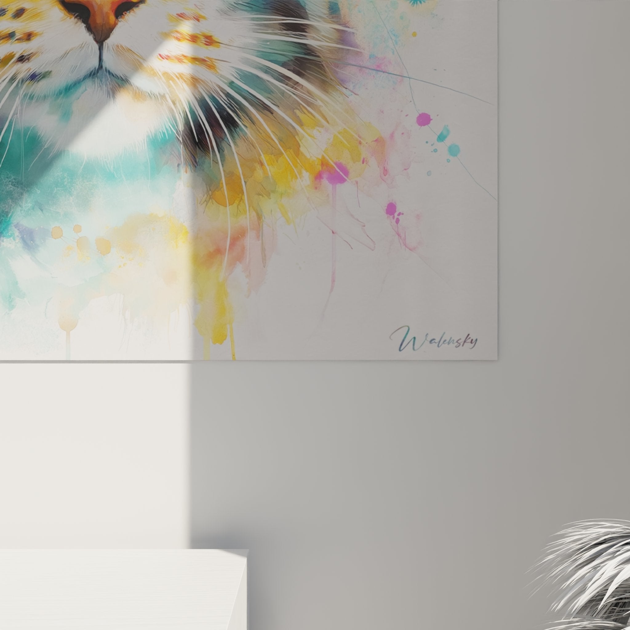 Übersicht Wandbild American Bobtail Katze zeitgenössische Kunst leuchtende Farben Wohnzimmer Dekoration