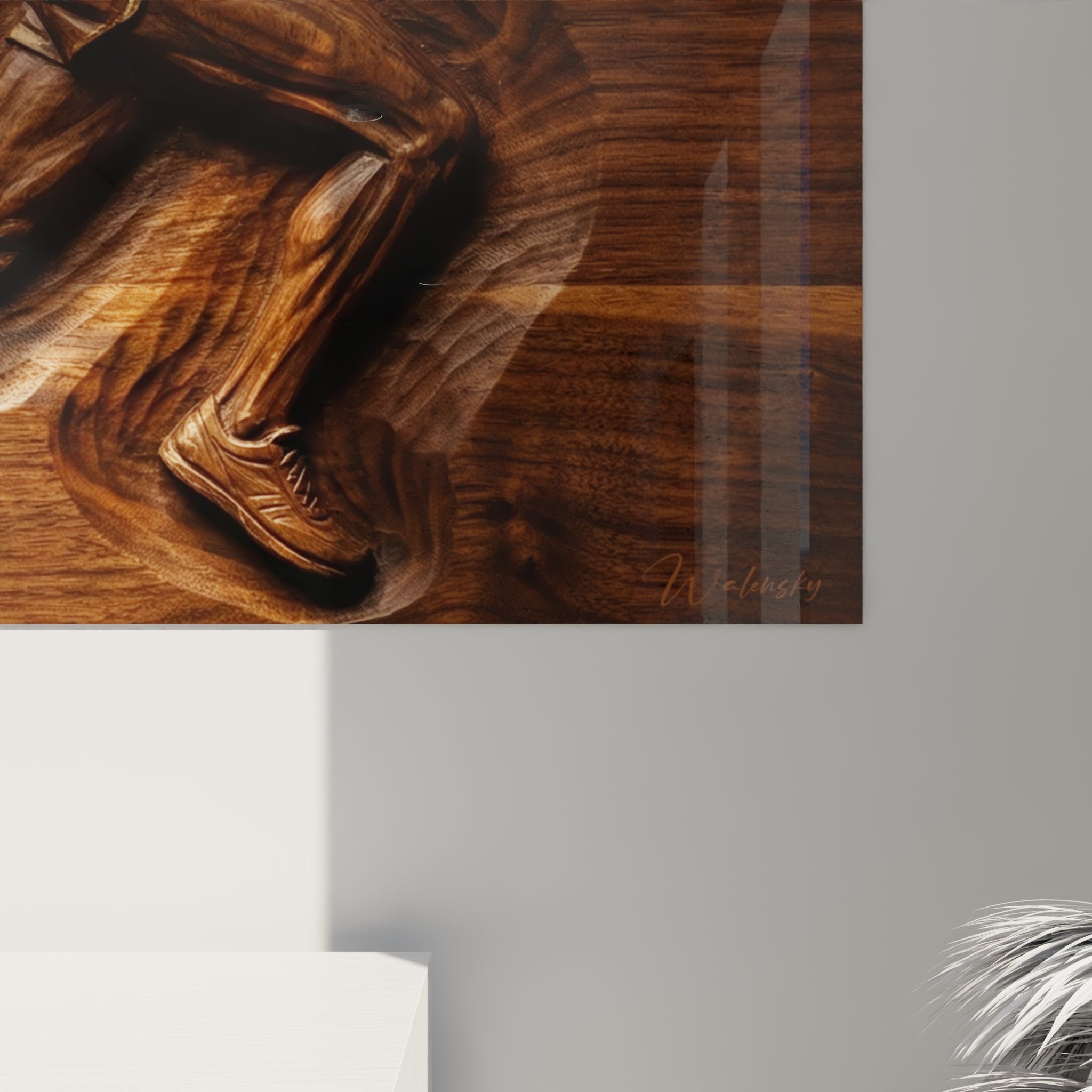 Panoramica quadro murale corridore sprint, opera d'arte decorativa in legno tema atletica per interno sportivo