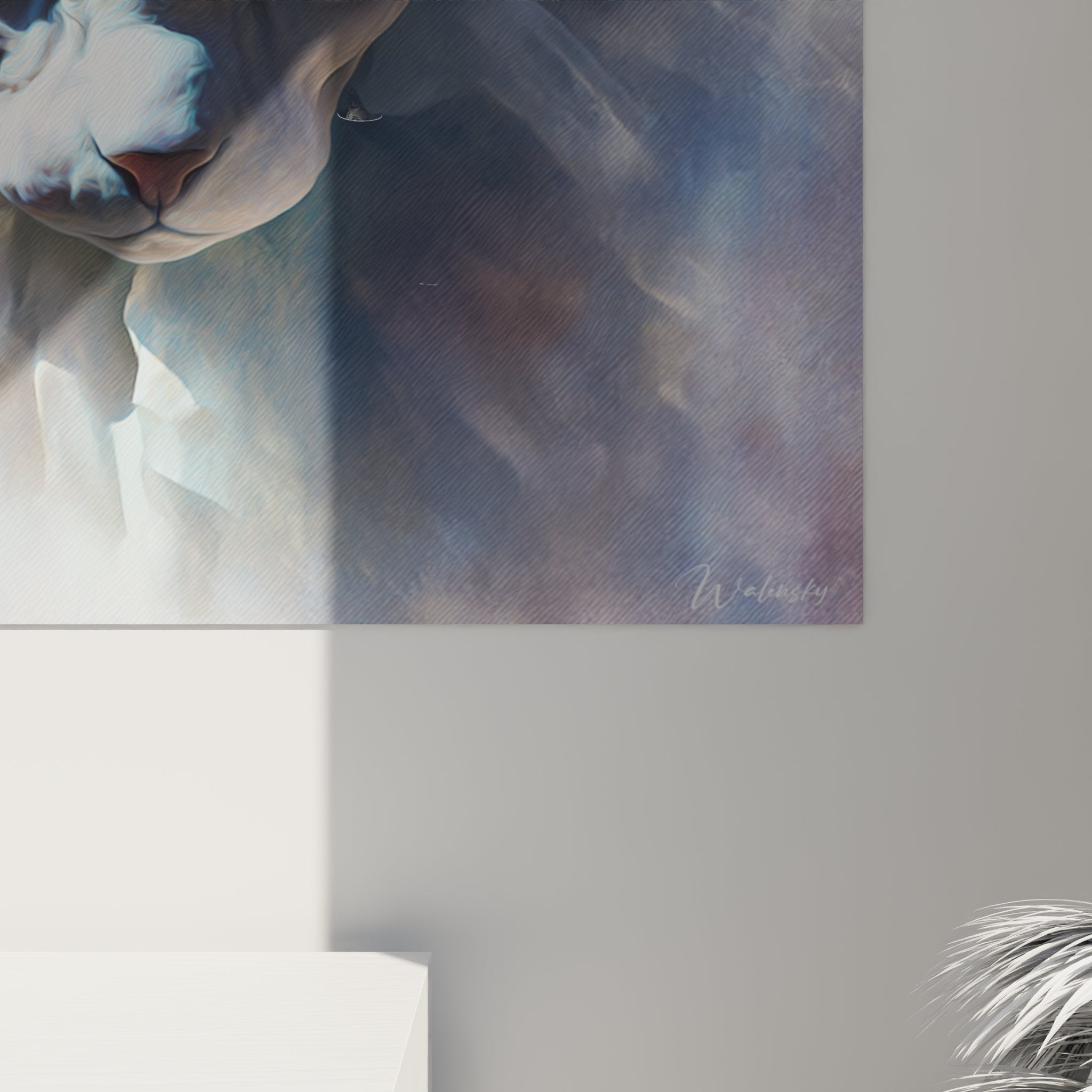 Vista completa quadro murale gatto Sphynx artistico, opera decorativa moderna con sfumature etere ed eleganti