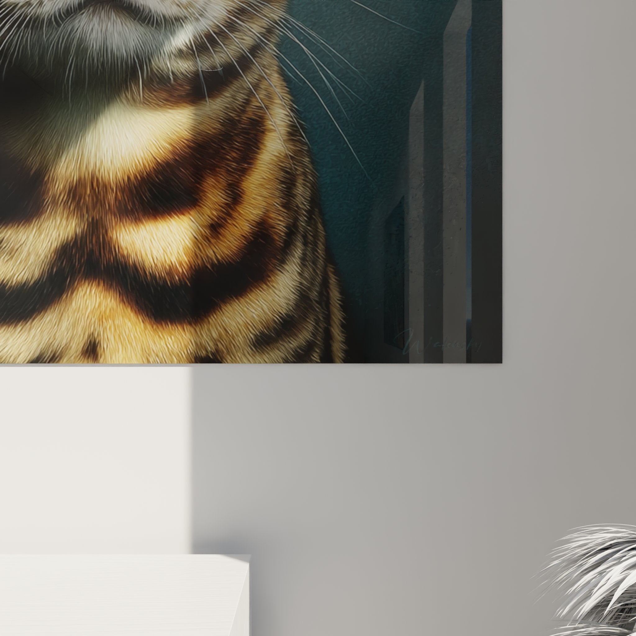 Hyperrealistic Bengal cat portrait wall art overview, decorative interior art piece
