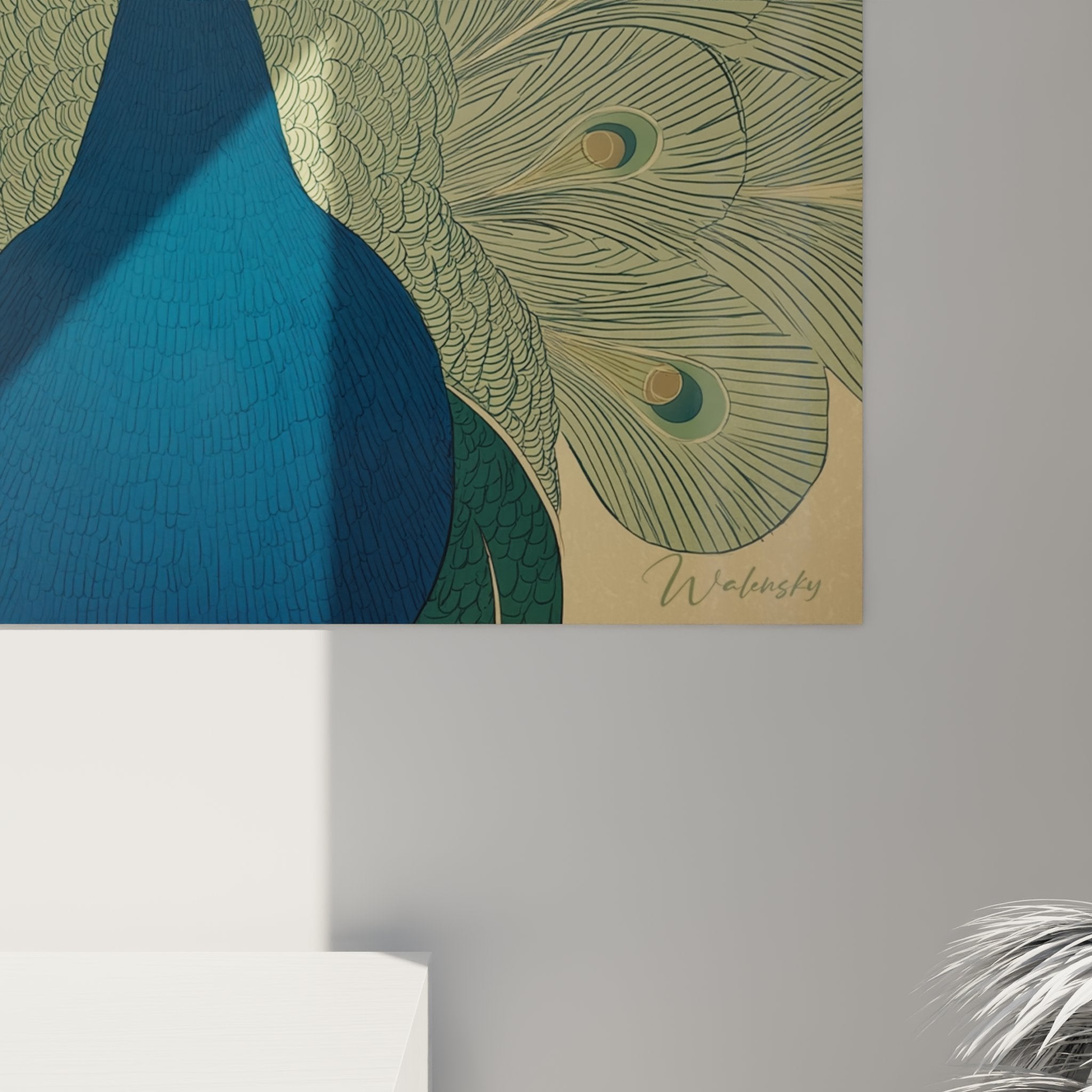 Gesamtansicht Pfauengemälde majestätisches Art-Deco, Fächerfedern vergoldet, schicke Wanddekoration