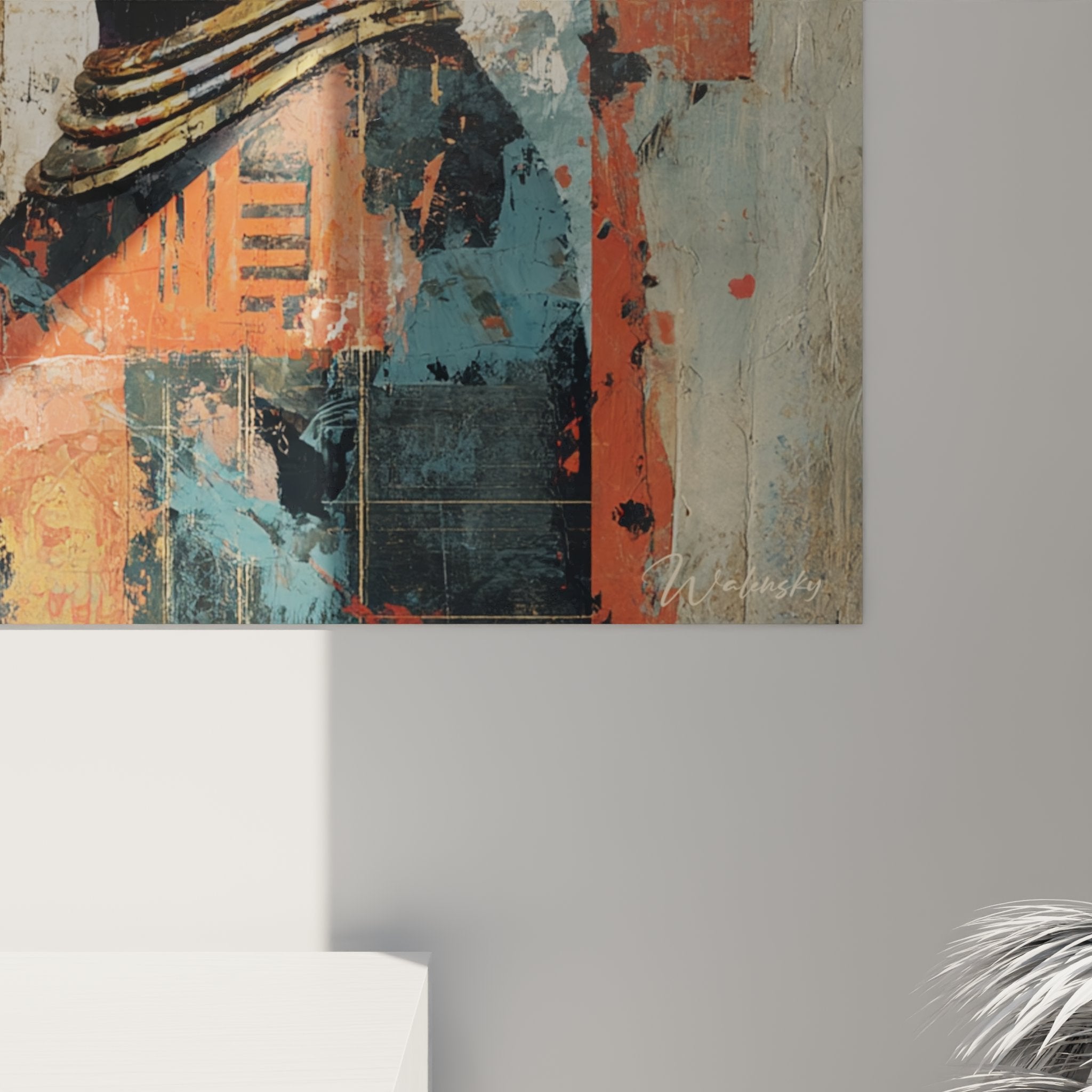 Gesamtansicht Porträtgemälde afrikanische Frau zeitgenössische Wandkunst Innenraumdekoration Ockertöne