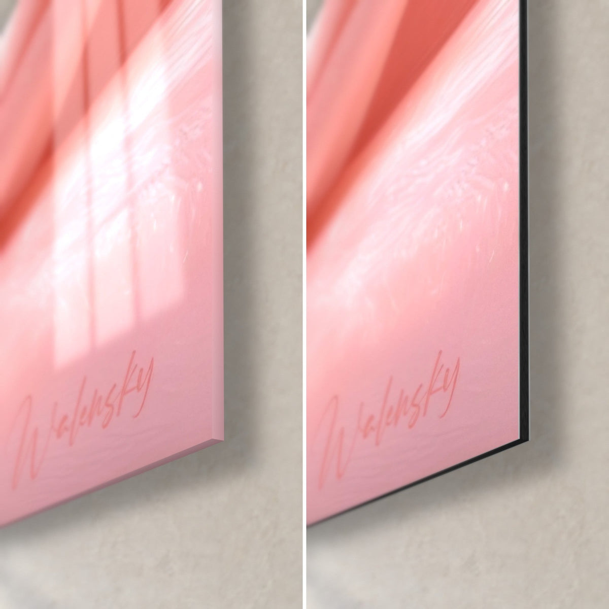 Wall art Bombay cat on pink satin, bottom right corner: glossy acrylic glass on the left, matte black Dibond aluminum on the right, 3 mm edge