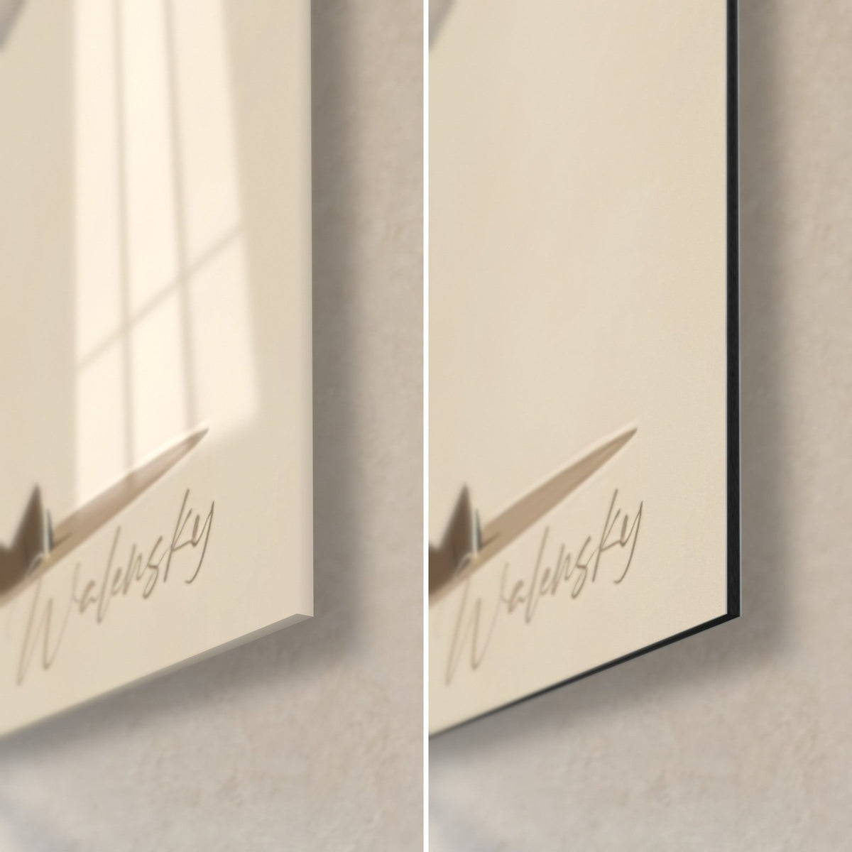 Tableau chat Savannah stylisé, coin bas droit : signature Walensky, verre acrylique brillant et alu Dibond mat noir