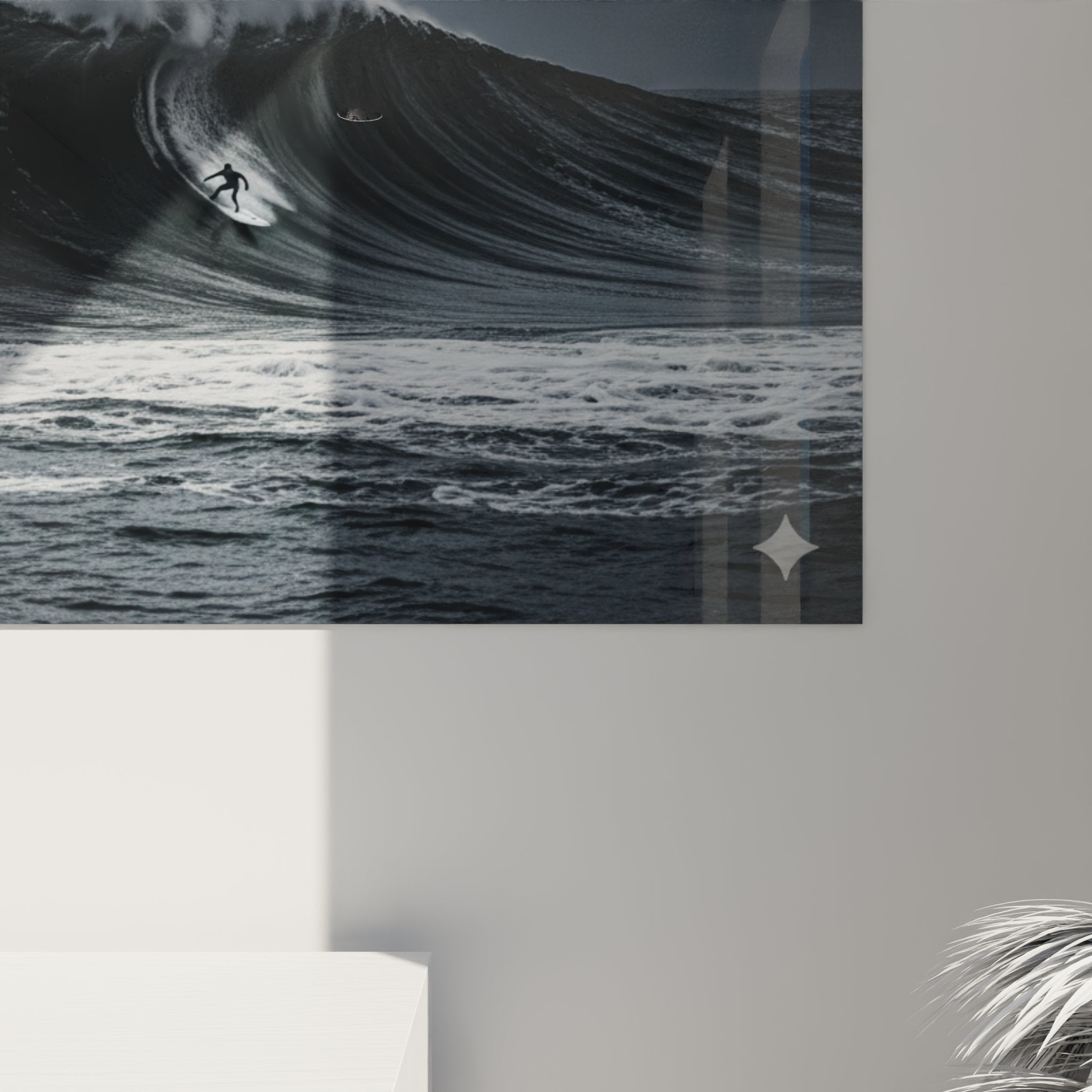 Vue d'ensemble tableau surf vague tube tempête décoration intérieure style océan authentique