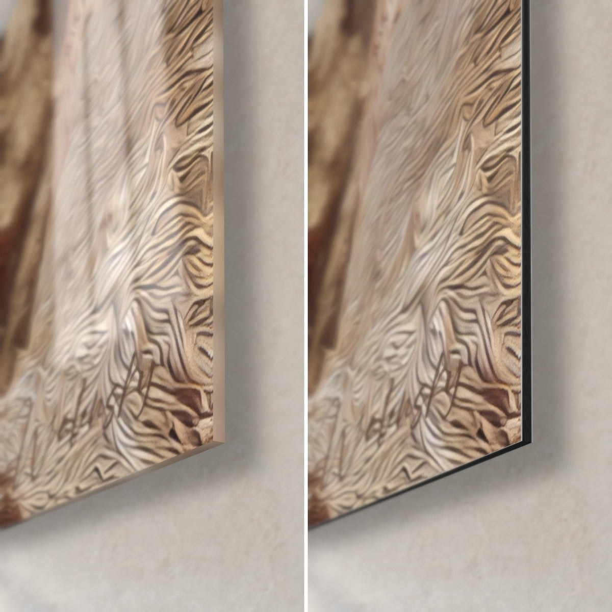 Tableau chat sokoké et ses stries de peinture, aplats mauve et ocre, coin bas droit en verre brillant et Dibond mat noir