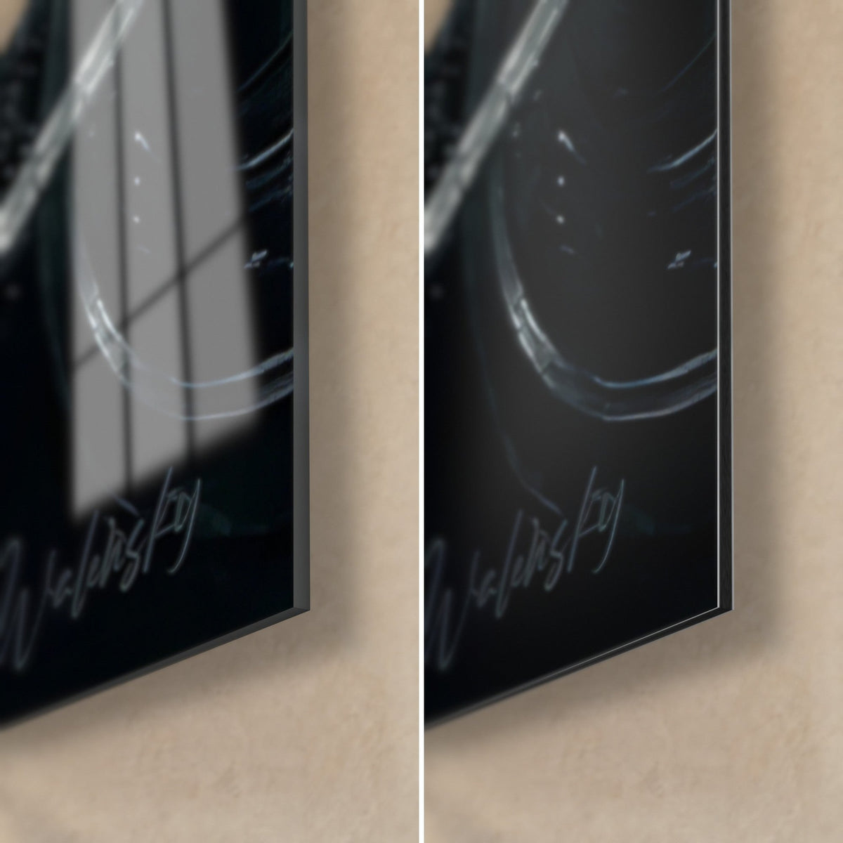 Tableau haltérophile en peinture à l'huile, coin bas droit du verre brillant et du Dibond mat noir, tranche de 3 mm visible