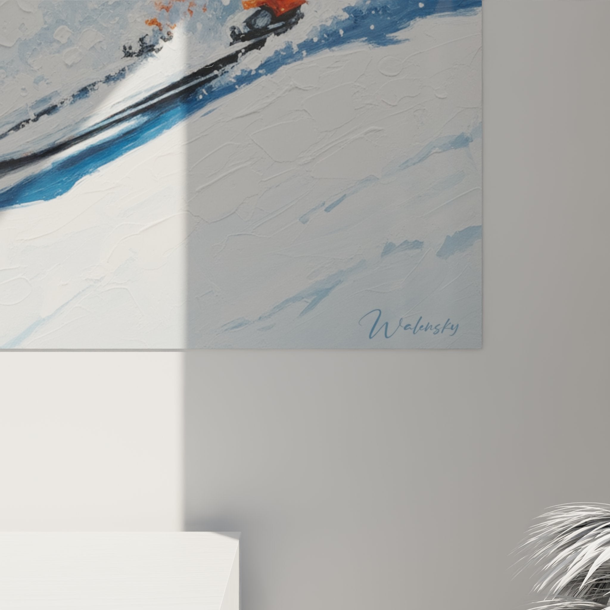 Vue d'ensemble du tableau skieur en descente, œuvre d'art décorative sport montagne