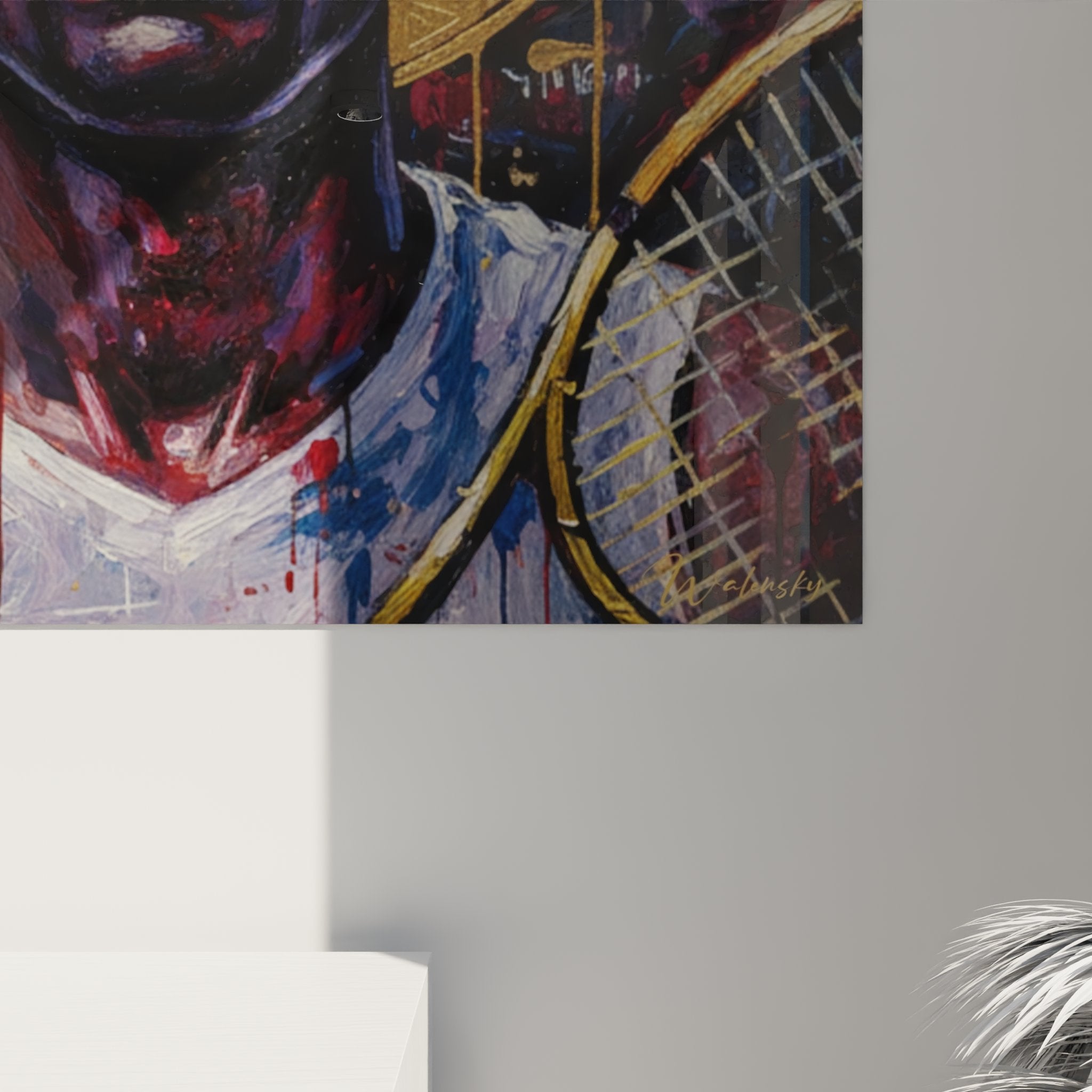 Vue d'ensemble du tableau tennis roi du court dans un intérieur moderne, œuvre d'art décorative murale colorée