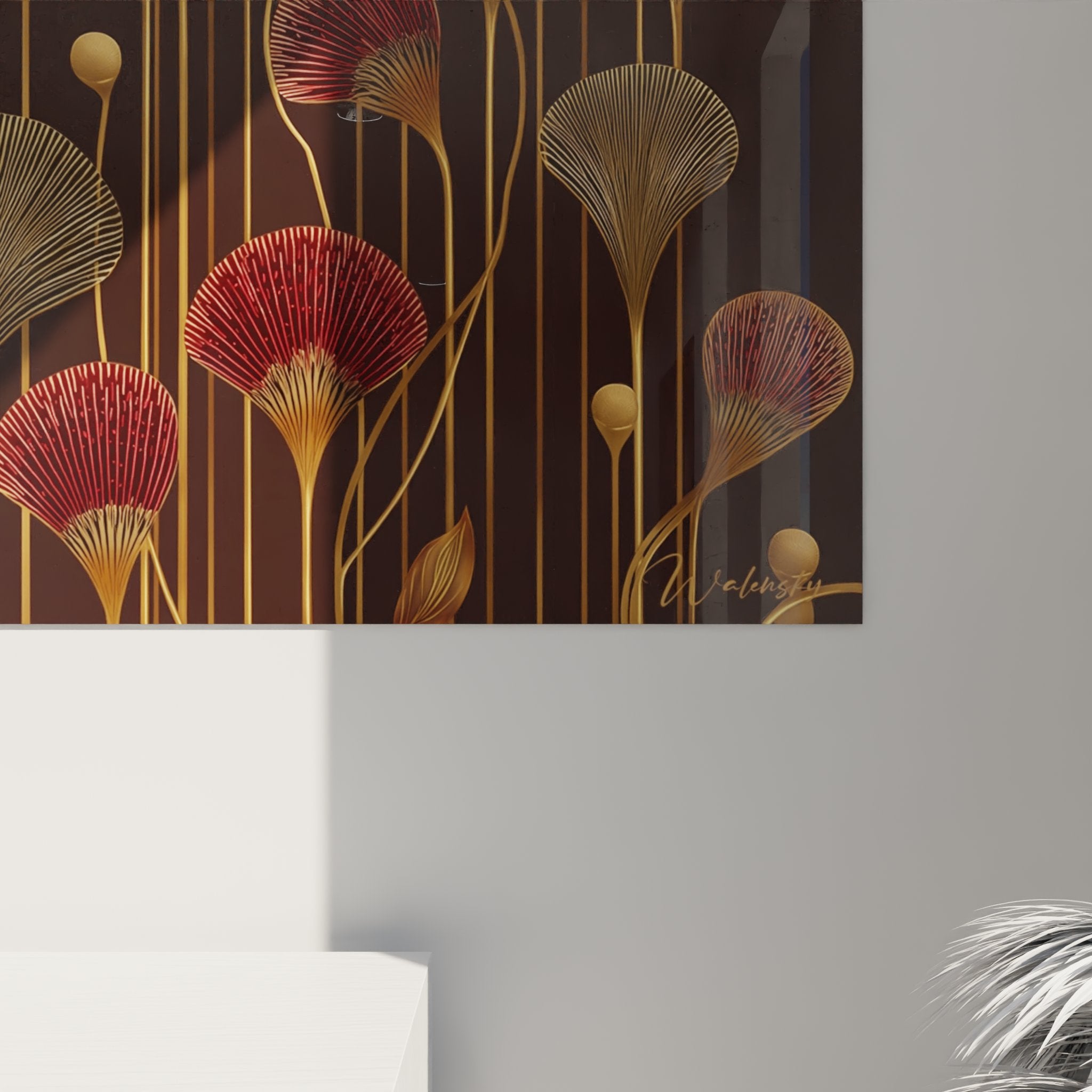 Overview of decorative wall art panel, geometric floral composition in warm and gold tones