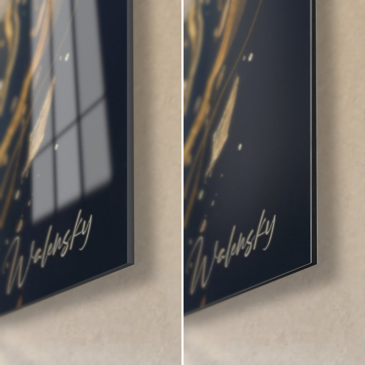 Wall art Nebelung cat, bottom right corner: gold signature on midnight blue background, glossy glass on the left, matte Dibond on the right