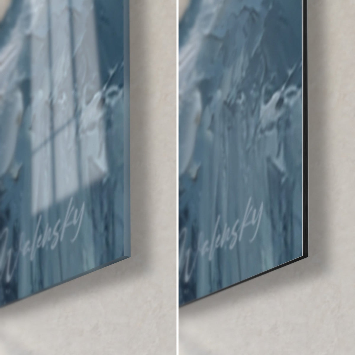 Gemälde Stromschnellen-Kanu, Elfenbein- und Gletscherblau-Pastositäten, untere rechte Ecke: glänzendes Acrylglas links, matt Alu-Dibond rechts