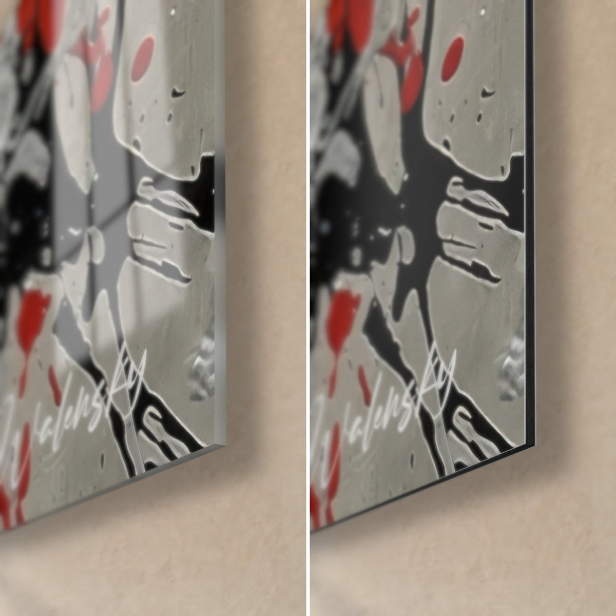 Tableau skateur en giclures noires et rouges, coin bas droit : verre acrylique brillant à gauche, alu Dibond mat à droite
