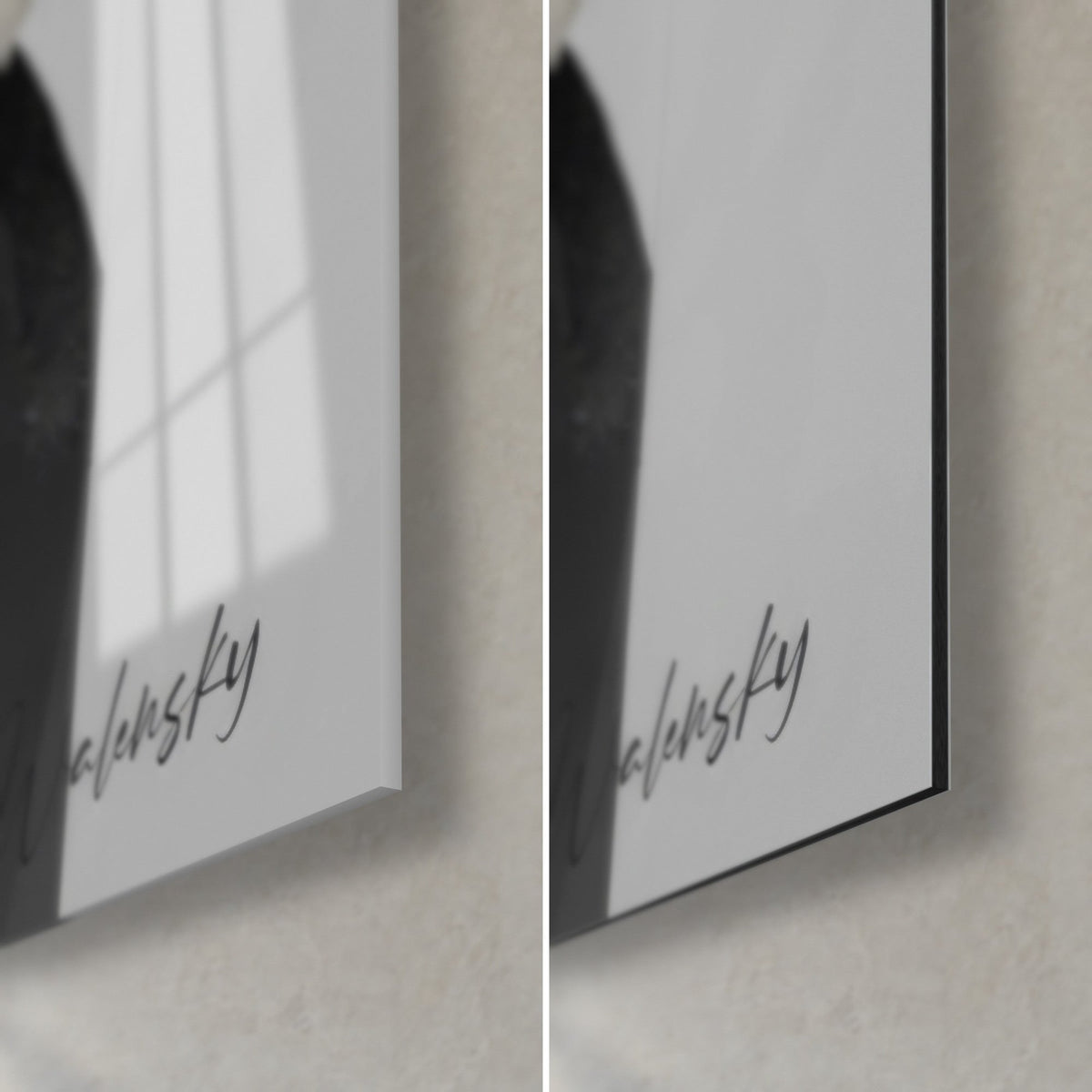 Wall art sculptural profile in black and grey, Walensky signature at bottom right, glossy glass on the left, matte Dibond on the right