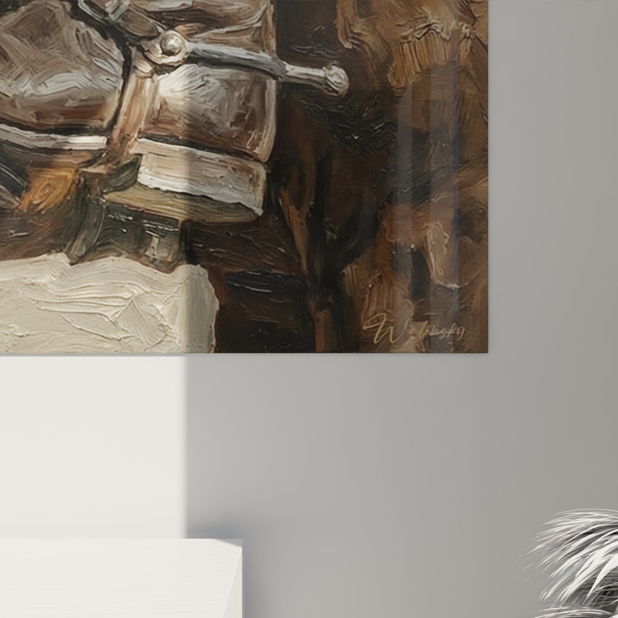 Vista d'insieme quadro stivali da cavaliere speroni decorazione murale arte equitazione cavallo