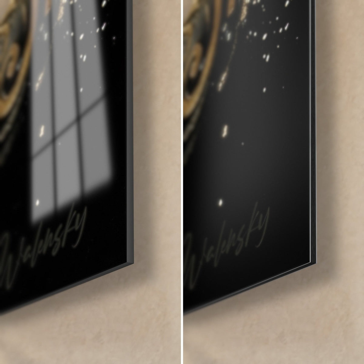 Gemälde Jetski in Schwarz und Gold, untere rechte Ecke: glänzendes Acrylglas mit Spiegelung des Fensters, mattes Dibond-Aluminium, 3 mm Kante