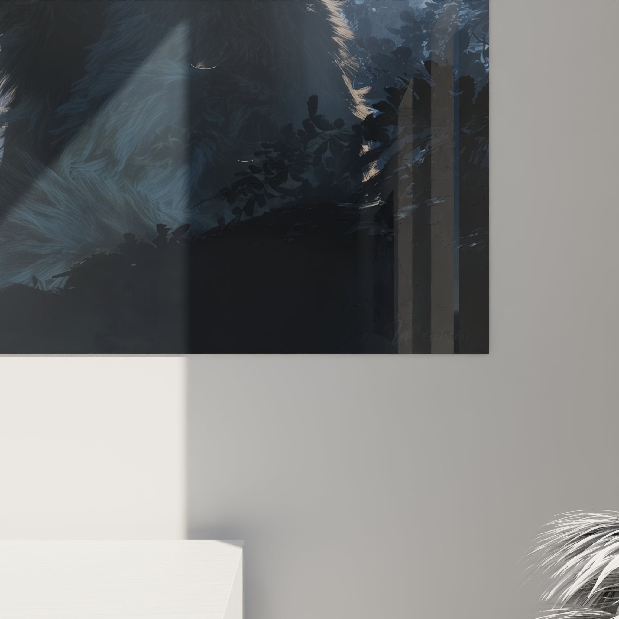 Vue d'ensemble tableau chat sibérien mystique dans salon contemporain, décoration murale féline élégante design