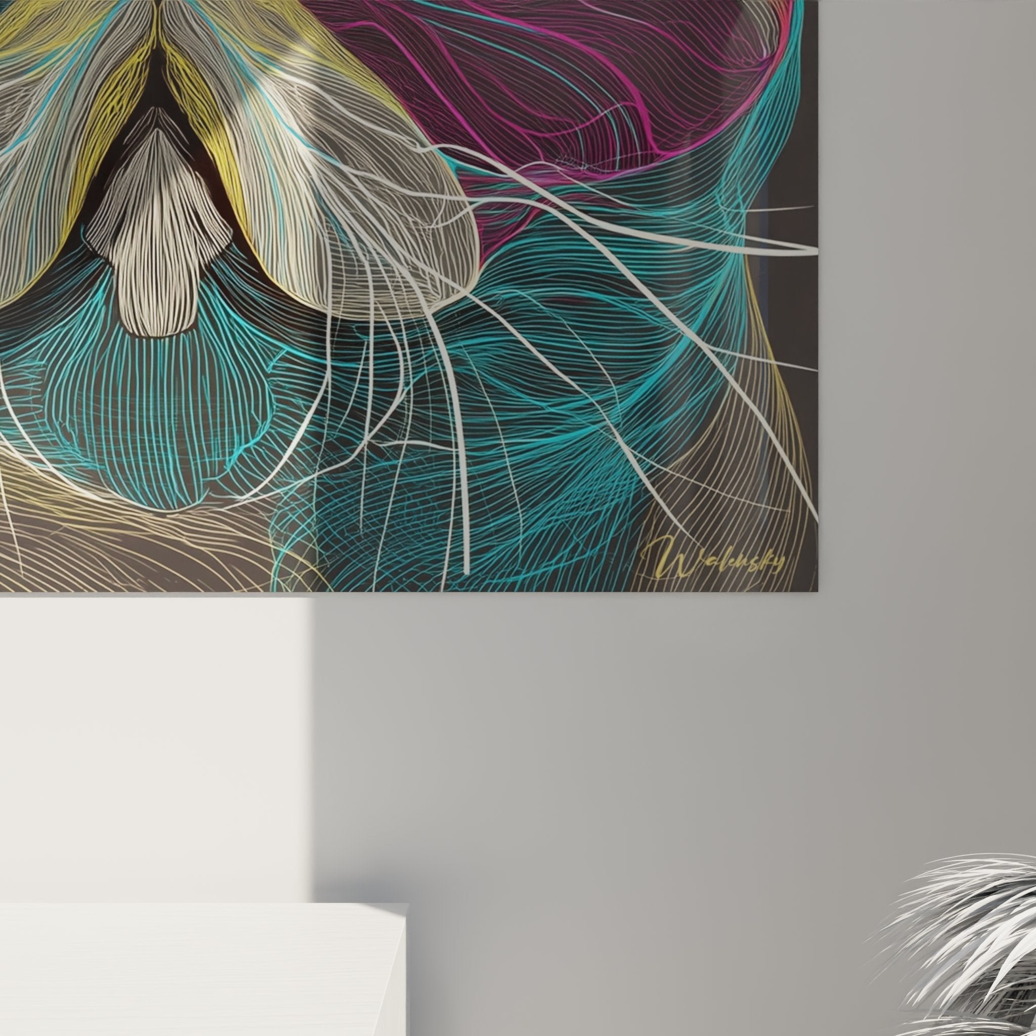 Vista completa quadro murale gatto Exotic Shorthair stile arte lineare contemporanea arredamento interno moderno