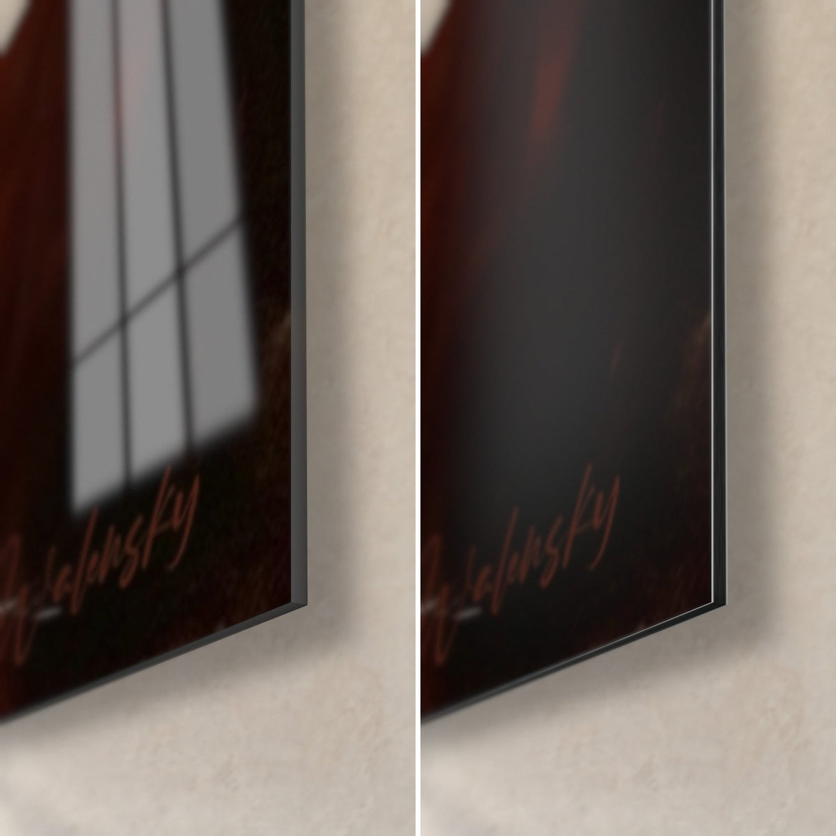 Wall art flamenco dancer with black veil, bottom right corner: glossy acrylic glass on the left, matte Dibond aluminum on the right, 3 mm edge
