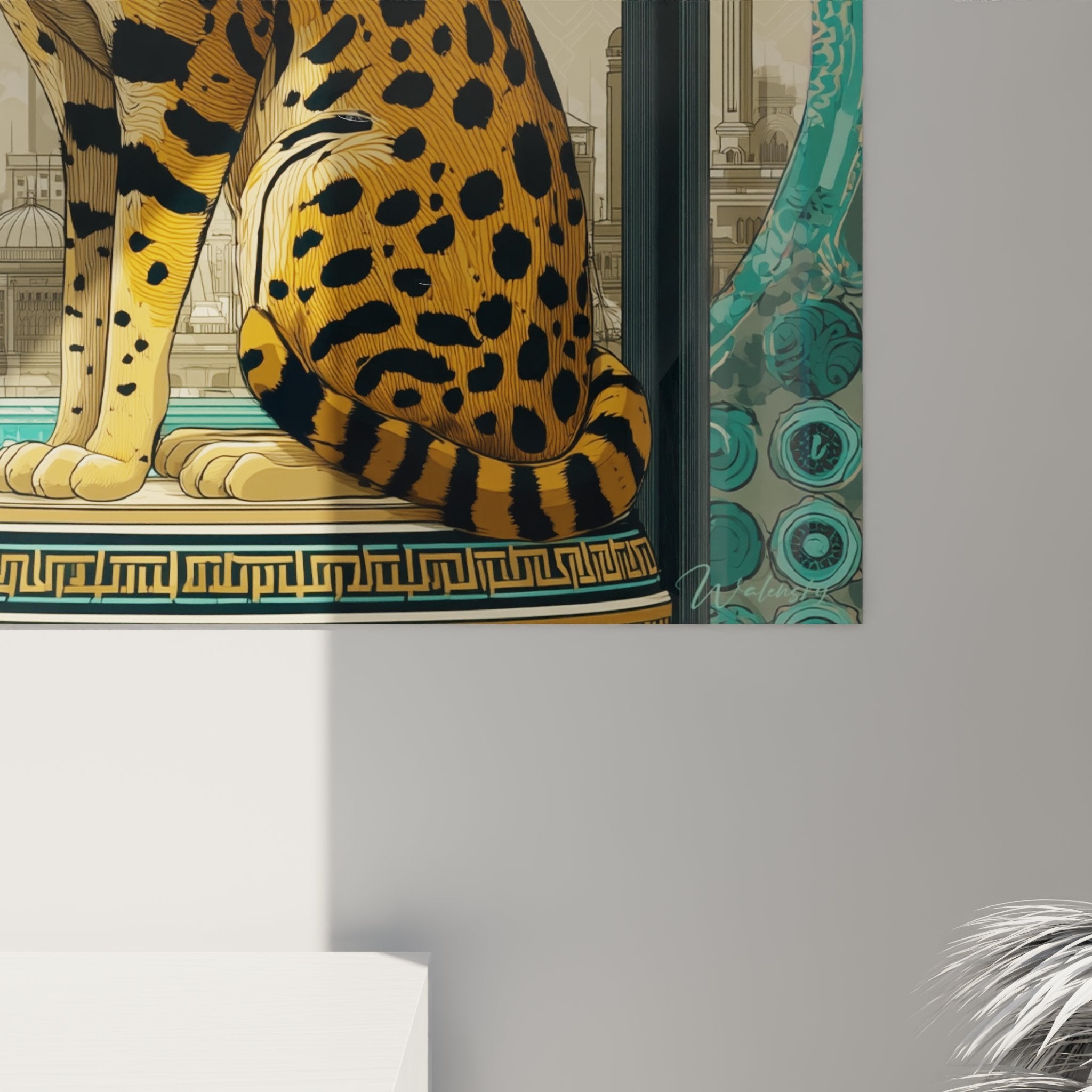 Overview of the Chausie cat painting showing oriental architecture and turquoise decorative patterns