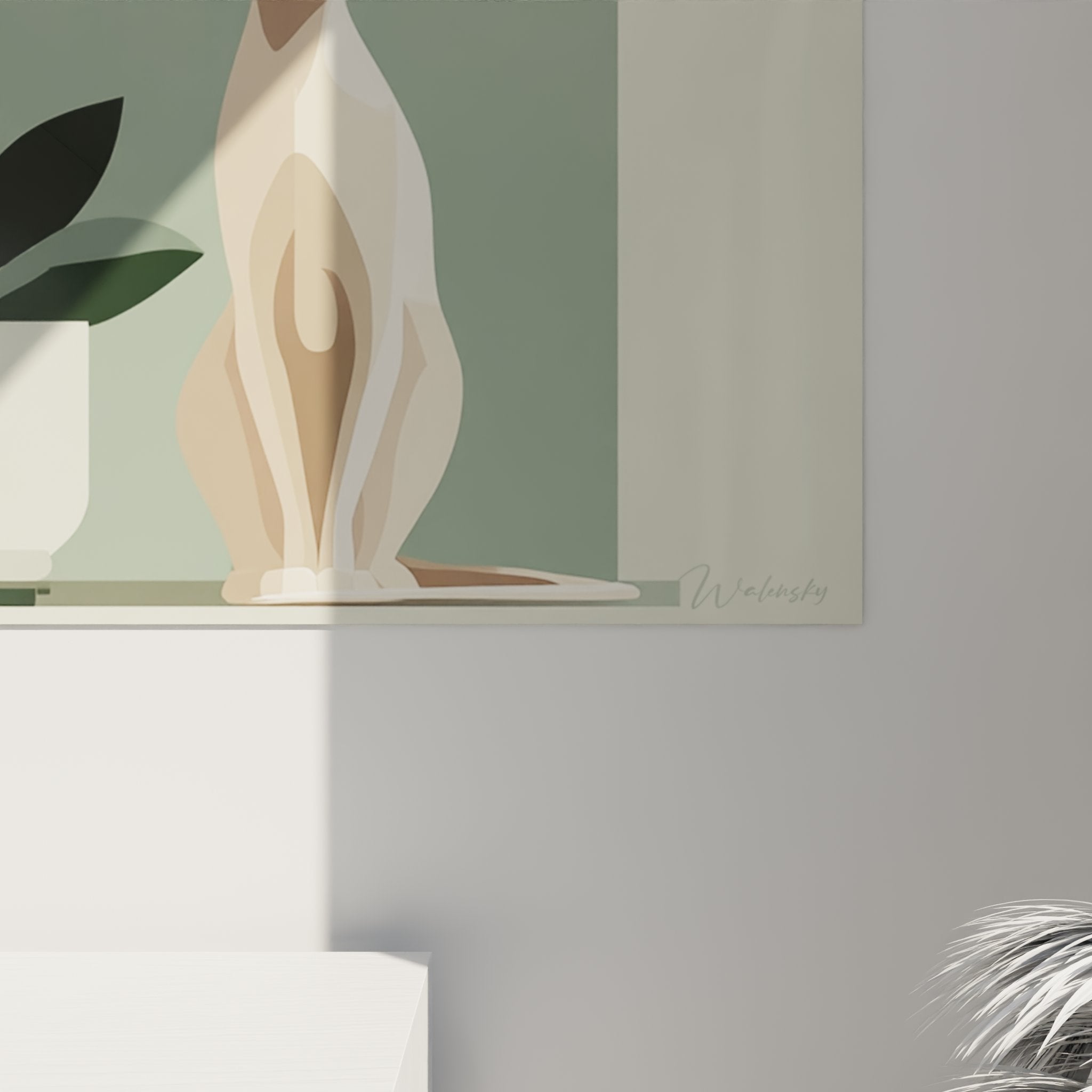 Panoramica quadro murale gatto Sphynx in nicchia verde con orchidea, composizione zen e armoniosa